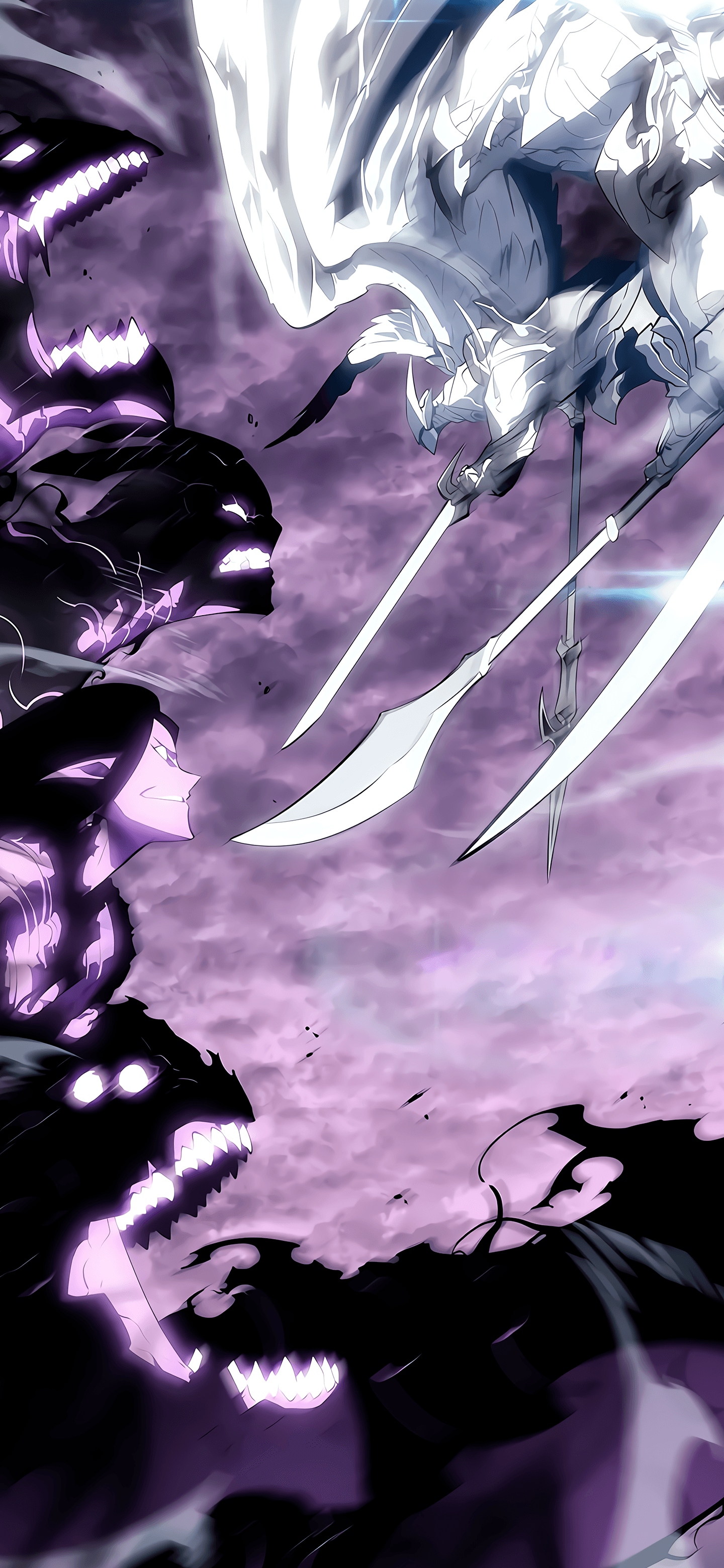 This dynamic illustration depicts a high-stakes confrontation between a radiant, white-armored celestial figure and a horde of dark, shadowy monsters. The celestial warrior at the top is clad in intricate, glowing white plate armor and wields multiple long, elegant spears that point downward toward the enemy. Opposing them is a vertical column of monstrous entities characterized by pitch-black silhouettes, glowing purple eyes, and jagged white teeth. A central humanoid figure with pointed ears and a confident smirk leads the dark forces, appearing to be made of the same shadow and purple energy. The background is a tumultuous sky filled with swirling purple and pink clouds, suggesting a supernatural or extra-dimensional battlefield. The art style is sharp and modern, utilizing high-contrast lighting and glowing effects to create an intense, epic atmosphere of good versus evil.