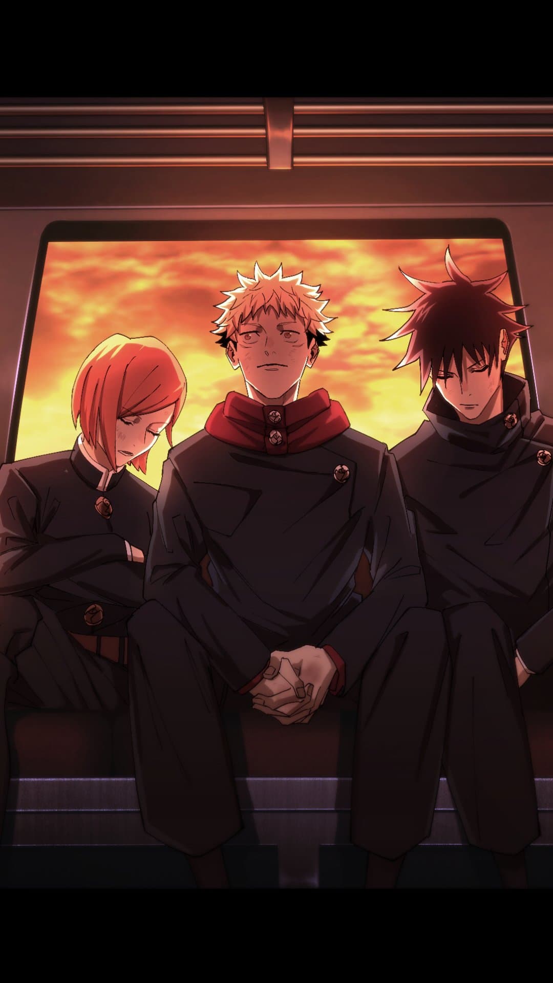 The image features three young protagonists from Jujutsu Kaisen—Nobara Kugisaki, Yuji Itadori, and Megumi Fushiguro—sitting side-by-side on a train. They are dressed in their signature dark navy high-collared school uniforms, which provide full coverage, including Yuji's distinctive red hood. The characters appear exhausted and somber; Nobara and Megumi have their eyes closed as if resting, while Yuji stares forward with a weary, contemplative expression. Behind them, a large train window reveals a vibrant, fiery orange sunset with thick clouds, creating a stark contrast against the dim interior. The art style utilizes sharp line work and dramatic cel-shading, emphasizing the heavy shadows on their faces and clothing. The overall atmosphere is one of quiet melancholy and post-battle fatigue, capturing a moment of shared stillness amidst a sunset glow.