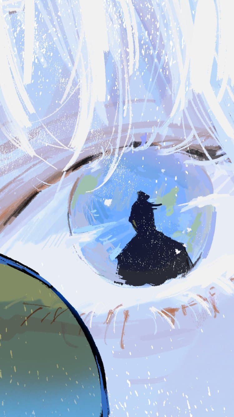 This artistic composition features an extreme close-up of a large, expressive eye, which serves as a window into a reflective scene. Within the pupil and iris, a dark silhouette of a figure wearing a traditional wide-brimmed hat or hood stands against a bright, snowy landscape. The surrounding eye is framed by thick, textured white lashes and wisps of pale hair that suggest a wintry or ethereal character. The artistic technique utilizes a painterly, sketch-like digital style with visible brushstrokes and a speckled texture resembling falling snow. The overall atmosphere is one of quiet contemplation and mystery, evoking a sense of longing or a distant memory. The cool color palette of blues, whites, and soft greens reinforces the cold, serene emotional tone of the piece.