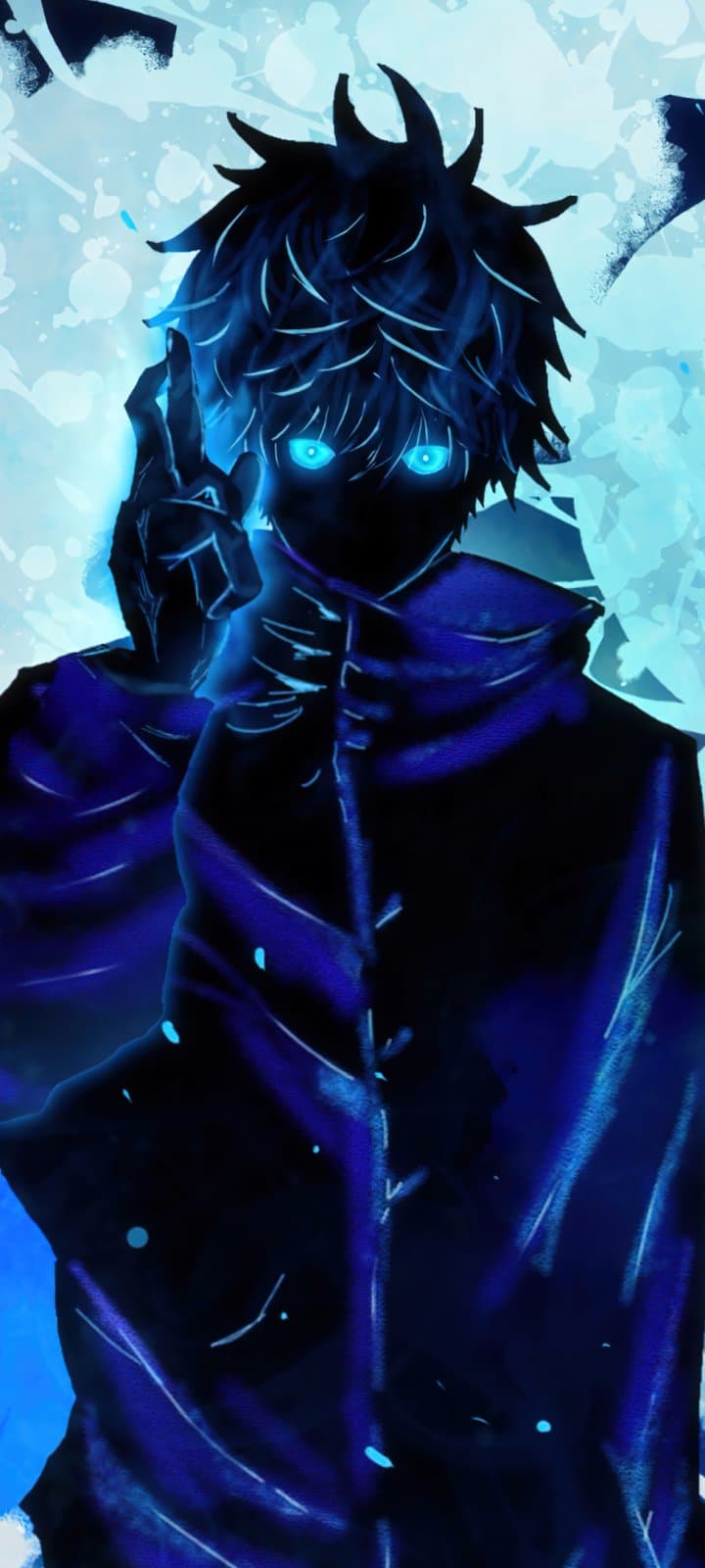 The image features a stylized, silhouetted male figure resembling Satoru Gojo, characterized by spiky hair and glowing cyan eyes that pierce through a darkened face. He is dressed in a high-collared, dark navy or black tactical jacket with visible button detailing, which fully covers his torso and neck. The character is captured in a signature pose, holding his hand up near his face with fingers crossed in a 'Domain Expansion' gesture. The background is a vibrant, abstract explosion of light blue and white paint splatters, creating a high-contrast halo effect around the dark subject. The artistic technique utilizes heavy digital painting with neon rim lighting to define the character's silhouette against the chaotic backdrop. The overall atmosphere is intense, powerful, and supernatural, conveying a sense of immense hidden energy.