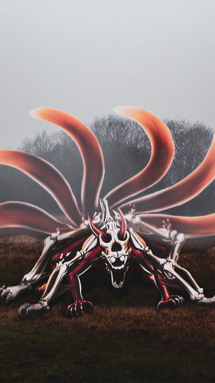 The image features a monstrous, skeletal fox-like creature inspired by the Version 2 jinchuriki transformation from the Naruto series. The creature is depicted with a dark red, muscular body overlaid with a white, external skeletal structure, including a prominent horned skull and rib-like plating. It is crouched in a predatory, low-to-the-ground stance with multiple glowing orange tails fanning out behind it. The setting is a desolate, foggy field with dark, leafless trees in the background under a heavy, overcast sky. The artistic style blends digital painting with a realistic photographic background, creating a jarring contrast between the supernatural entity and the natural world. The overall atmosphere is dark, menacing, and intense, evoking a sense of raw power and impending danger.