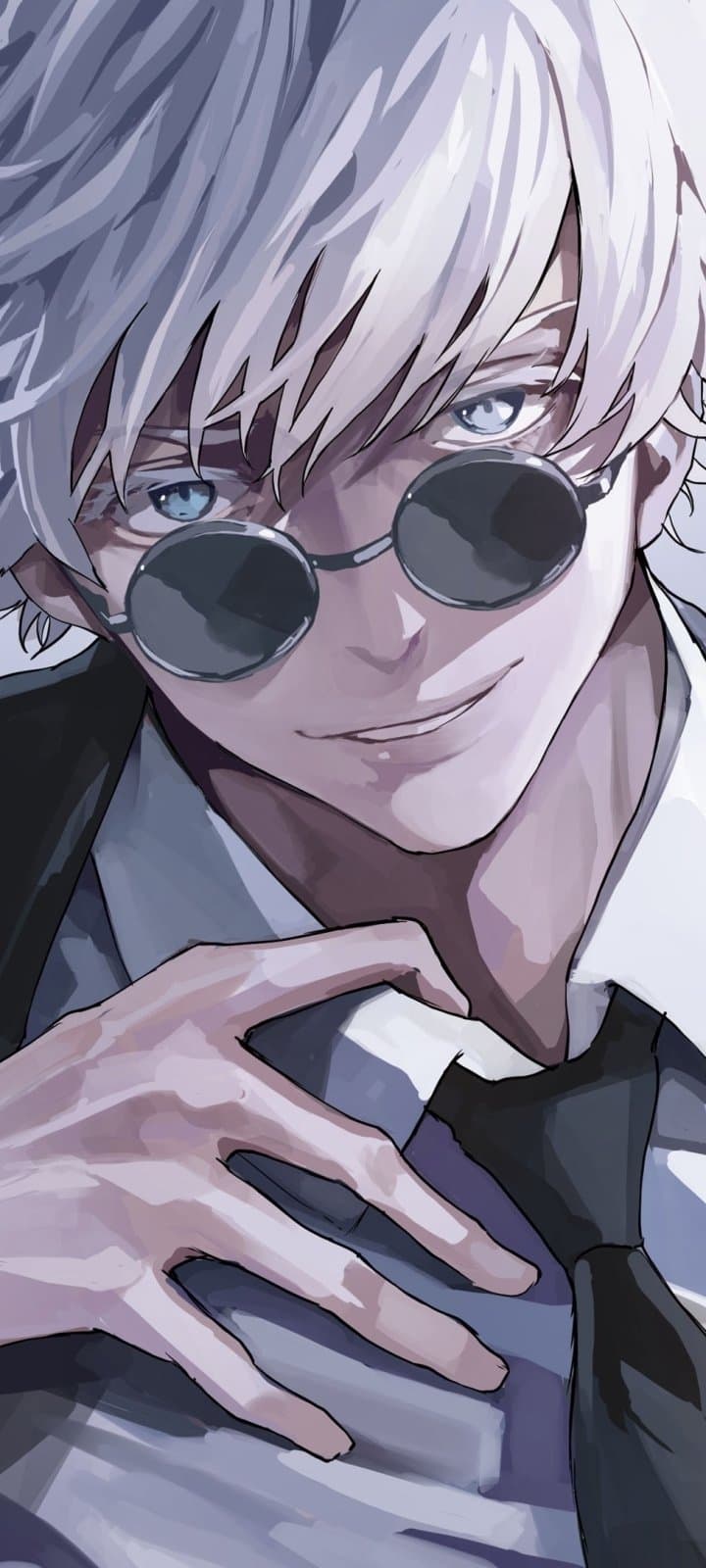 The image features a close-up portrait of Satoru Gojo from Jujutsu Kaisen, characterized by his striking white hair and vibrant blue eyes. He is dressed in formal attire consisting of a crisp white collared shirt, a dark necktie, and a black suit jacket. The character is depicted with a confident, slight smirk while peering over the top of his signature round, dark-tinted sunglasses. His hand is positioned near his collar, adding a sense of casual elegance to the pose. The artistic style utilizes a painterly digital technique with visible brushstrokes and sophisticated shading that emphasizes the facial structure and hair texture. The overall atmosphere is cool and charismatic, reflecting the character's powerful and self-assured personality.