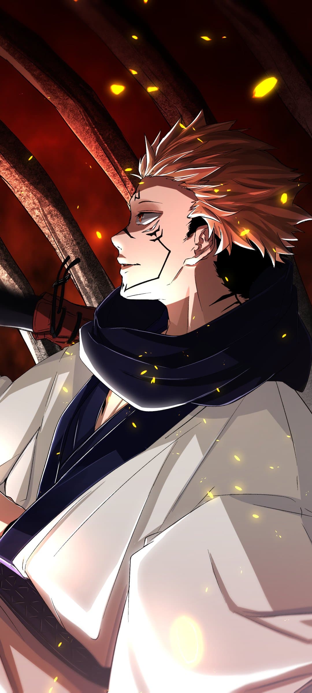 The image features Ryomen Sukuna from Jujutsu Kaisen, depicted in a profile view looking upward with a confident and menacing smirk. He is dressed in a traditional light-colored kimono paired with a dark, heavy scarf or high-collared undergarment, maintaining a fully modest appearance. The character's signature facial markings and spiky light-brown hair are rendered with sharp, clean lines. He is positioned against a dark, dramatic background featuring large, rib-like structures and glowing orange embers or petals floating in the air. The artistic technique utilizes high-contrast cel shading and dramatic rim lighting to emphasize the character's features and the intense atmosphere. The overall mood is powerful, dark, and intimidating, reflecting the character's status as a formidable antagonist.