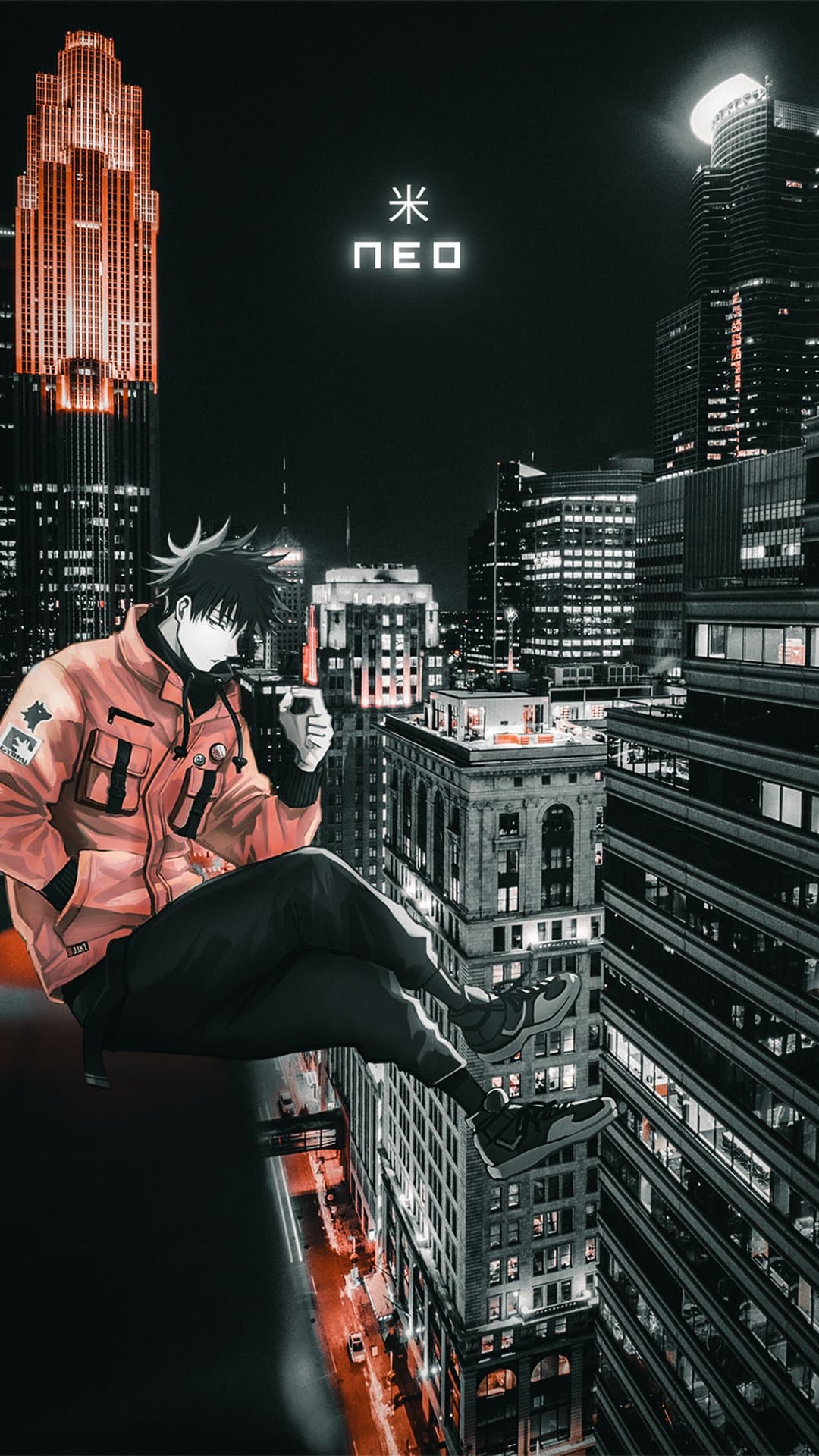The image features Megumi Fushiguro from Jujutsu Kaisen, depicted in a modern, urban streetwear aesthetic. He is wearing a heavy, oversized orange tactical jacket with multiple pockets and patches, paired with loose black cargo pants and high-top sneakers. The character is shown in a relaxed, floating or perched pose against a sprawling nighttime cityscape filled with illuminated skyscrapers. The background is rendered in a desaturated, almost monochromatic style, which makes the vibrant orange of his jacket stand out as the primary focal point. The artistic technique combines clean digital character lines with a realistic, high-contrast photographic background of a city at night. The overall atmosphere is cool, contemplative, and modern, evoking a sense of quiet solitude amidst a busy metropolitan environment.