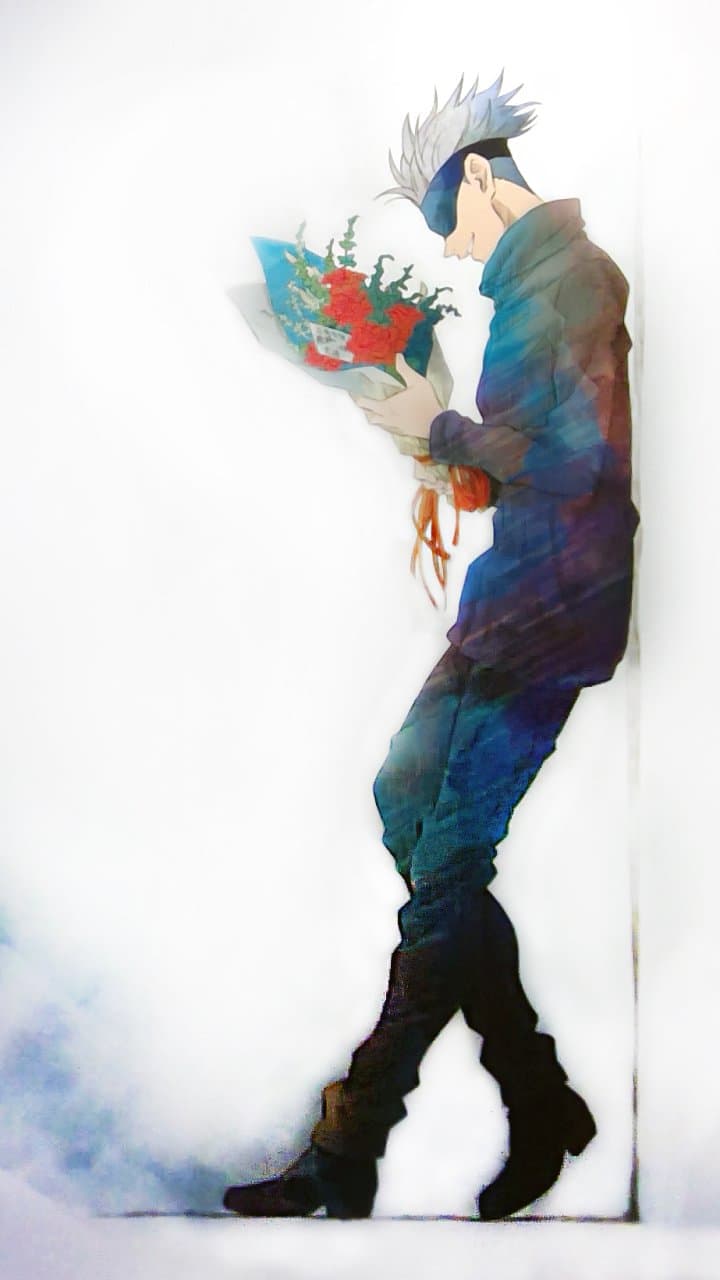 The image features Satoru Gojo from Jujutsu Kaisen, depicted in a full-body profile view while leaning against a vertical white surface. He is dressed in his signature high-collared dark navy uniform, which provides complete coverage, and wears his iconic black blindfold over his eyes. He is holding a vibrant bouquet of red flowers wrapped in light blue paper, looking down at them with a gentle, slight smile. The artistic style utilizes a unique painterly texture with visible brushstrokes and a watercolor-like overlay that blends shades of blue, purple, and teal into his clothing. The background is a minimalist, bright white space that creates a high-contrast, ethereal effect, focusing all attention on the character. The overall atmosphere is peaceful and uncharacteristically soft, conveying a sense of quiet affection or preparation for a meaningful meeting.