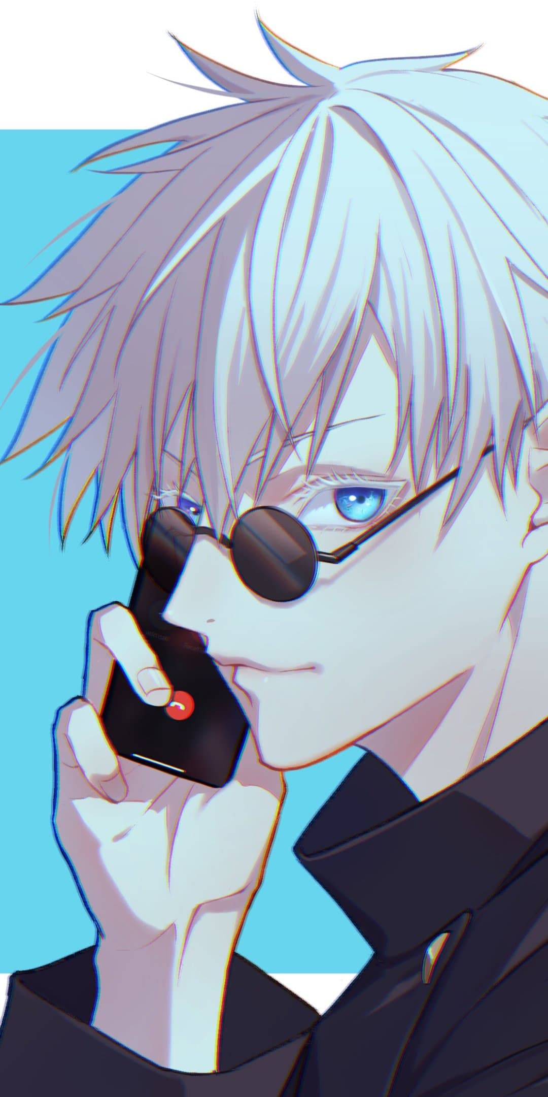 This digital illustration features Satoru Gojo from Jujutsu Kaisen in a stylized close-up portrait. He is depicted with his signature spiky white hair and striking blue eyes, partially obscured by small, round dark sunglasses resting on the bridge of his nose. The character is shown holding a smartphone to his ear, suggesting he is in the middle of a call, with a slight, confident smirk on his face. He wears a high-collared dark navy or black jacket that covers his neck and torso completely. The art style utilizes clean line work with subtle chromatic aberration effects on the edges, creating a modern and sharp aesthetic. The background is a minimalist, solid light blue, which emphasizes the cool color palette and the character's vibrant eye color.