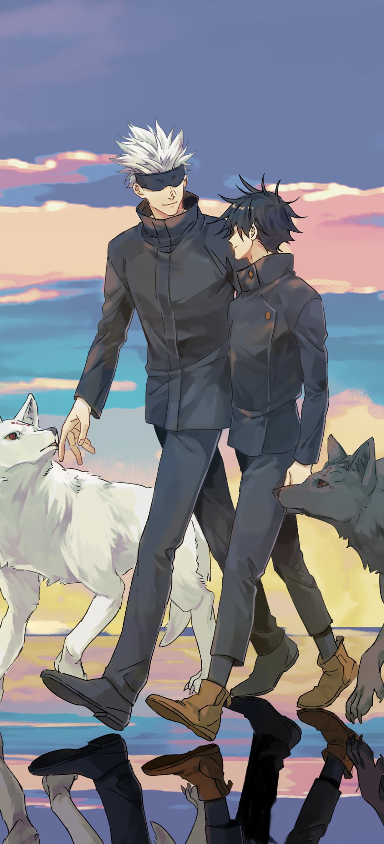 The image features two male characters, Satoru Gojo and Megumi Fushiguro, walking side-by-side in a friendly, mentor-student manner. Both are dressed in their signature Jujutsu High uniforms, consisting of high-collared dark navy jackets and matching trousers that provide full coverage. Gojo has his arm around Megumi's shoulder, and they are accompanied by two large wolves, one white and one black, which are shikigami summons. The setting is a serene outdoor environment at sunset, with a vibrant sky filled with pink, orange, and blue hues reflected on a glassy, water-like ground. The art style uses clean digital lines with soft painterly shading, creating a heartwarming and peaceful atmosphere. The composition is a full-body shot that emphasizes the height difference between the characters and the bond they share.