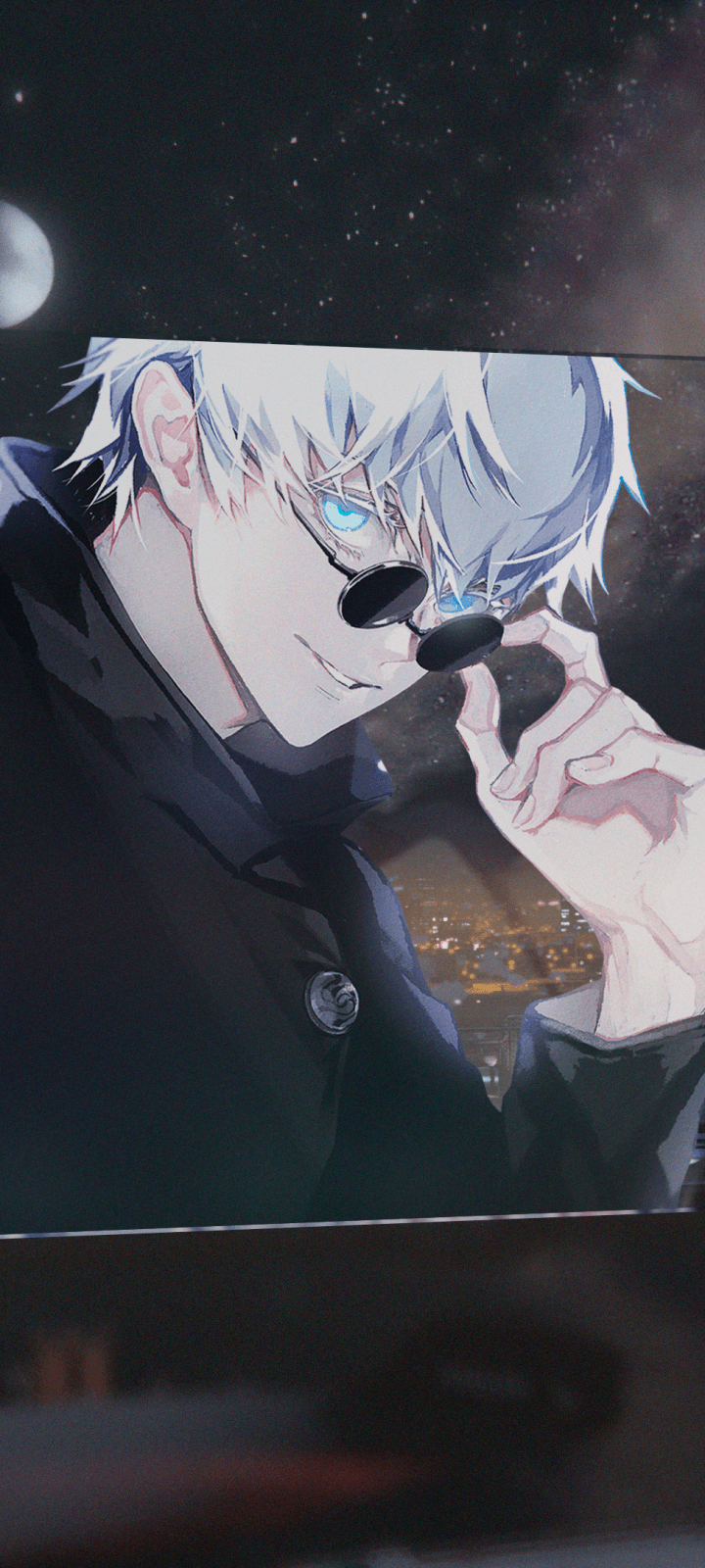 The image features Satoru Gojo from Jujutsu Kaisen, characterized by his striking white hair and vibrant, glowing blue eyes. He is dressed in his signature high-collared dark blue or black jujutsu high uniform, which provides full coverage. The character is depicted in a confident pose, slightly tilting his head while lowering his small, round dark sunglasses with his left hand to reveal his eyes. The background is a composite of a starry night sky with a visible moon and a blurred urban cityscape with warm city lights below. The artistic style utilizes sharp line work and soft painterly shading, creating a high-quality digital portrait. The overall atmosphere is cool, mysterious, and powerful, emphasizing the character's supernatural presence.