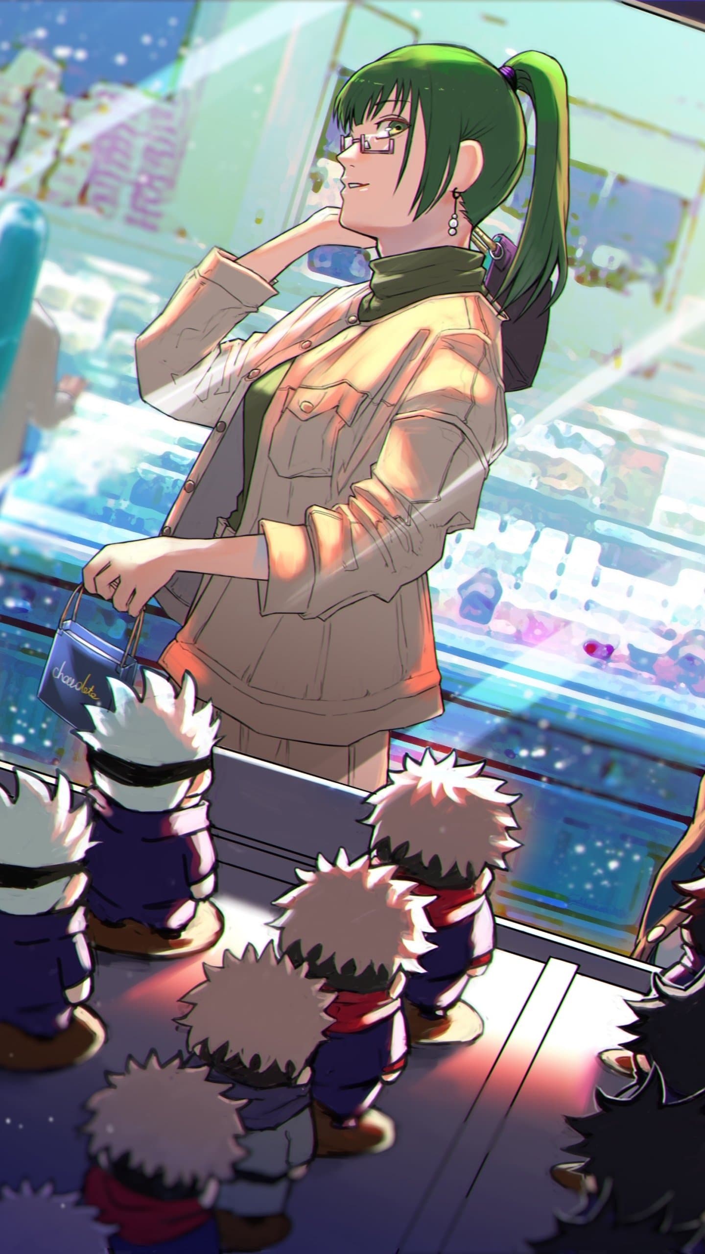 The image features Maki Zenin from Jujutsu Kaisen standing in a modern urban shopping district. She is dressed modestly in a high-collared dark turtleneck layered under a beige utility jacket and matching trousers, carrying a small blue shopping bag labeled 'chocolate'. She is depicted in a side profile, looking toward a storefront window filled with small plush toys resembling her classmates and mentors. The setting is a bright, bustling commercial area with a blurred background suggesting a large mall or city street. The artist uses a vibrant digital style with strong light rays and soft bokeh effects to create a warm, everyday atmosphere. The overall mood is peaceful and nostalgic, capturing a quiet moment of leisure.