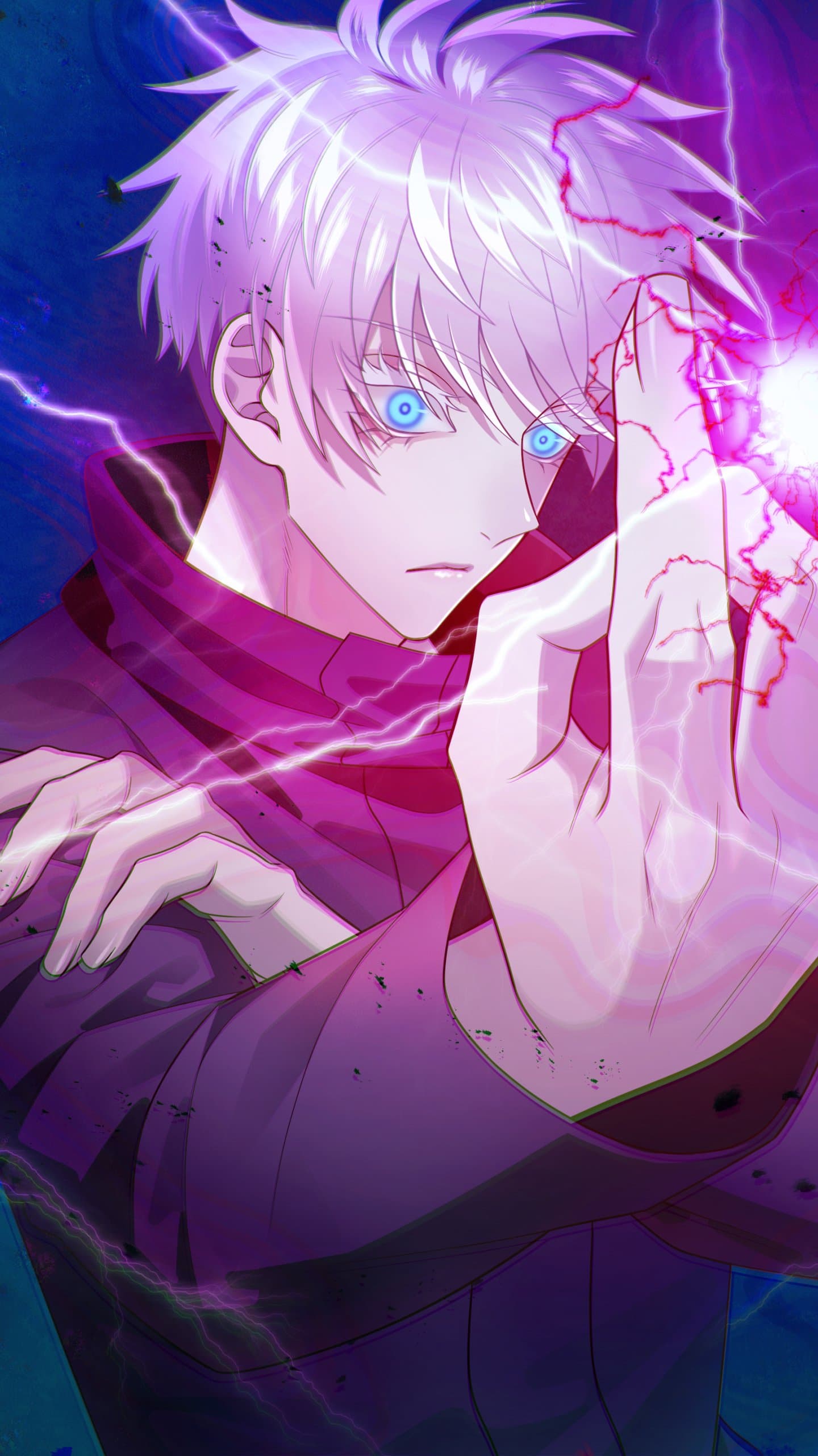 This high-quality digital illustration features Satoru Gojo from Jujutsu Kaisen, depicted with his signature white, spiky hair and striking blue eyes. He is wearing his iconic high-collared dark sorcerer uniform, which provides full coverage and emphasizes his lean build. The character is captured in a dynamic pose, performing a hand seal with his fingers crossed, signaling the activation of a powerful technique. Intense purple and white electrical energy crackles around his hand and throughout the composition, creating a sense of immense power. The artistic style utilizes sharp line work and vibrant, saturated colors, particularly neon purples and deep blues, to create a modern and energetic aesthetic. The overall atmosphere is tense and epic, reflecting a moment of high-stakes combat or supernatural manifestation.