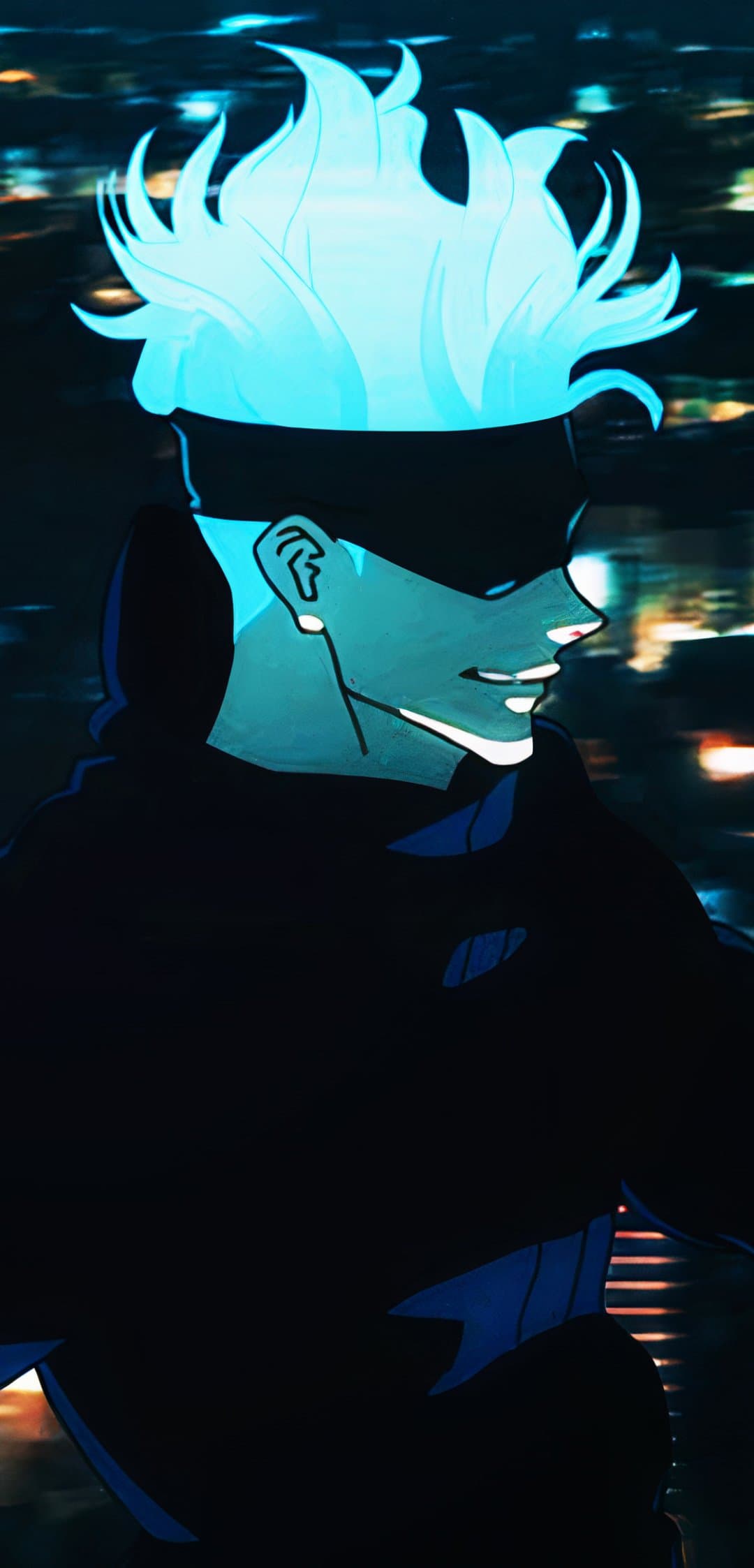 The image features a stylized profile portrait of Satoru Gojo from Jujutsu Kaisen, characterized by his iconic spiky hair and black blindfold. He is wearing his signature high-collared dark jujutsu high uniform, which provides full coverage of the torso and neck. The character is depicted in a side profile with a slight, confident smirk, set against a blurred urban night background. A striking neon cyan glow emanates from his hair and reflects off his skin, creating a high-contrast visual effect against the deep blacks of his clothing. The artistic technique utilizes sharp cel-shading combined with a painterly texture on the skin and hair, giving it a modern digital aesthetic. The overall atmosphere is cool, mysterious, and powerful, emphasizing the character's supernatural presence within a city at night.