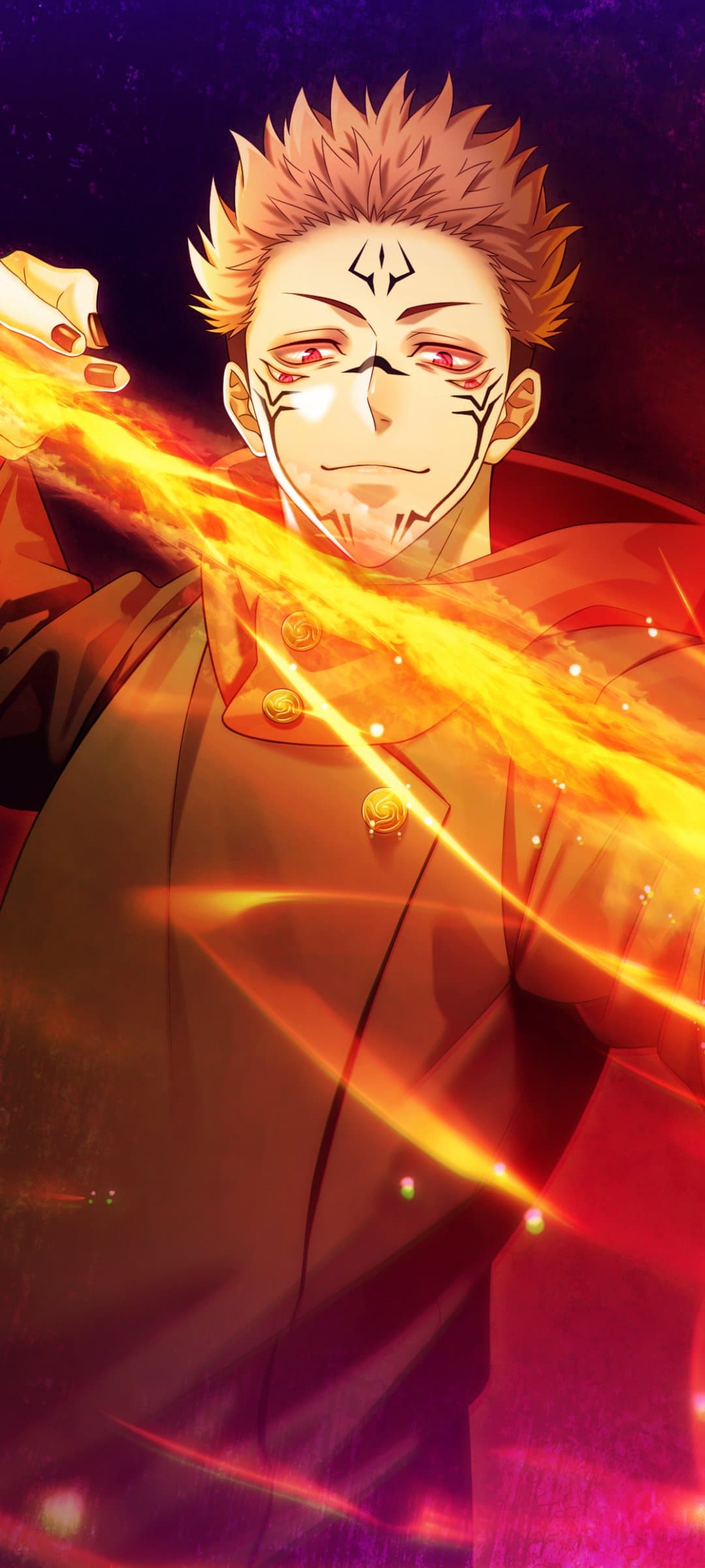 The image features Ryomen Sukuna from Jujutsu Kaisen, depicted with his signature spiky pinkish-brown hair and intricate black cursed markings across his face and forehead. He is dressed in a high-collared, dark jujutsu sorcerer uniform adorned with gold circular buttons, providing full coverage. The character is posed mid-action, wielding a vibrant, glowing streak of fire or cursed energy that slashes diagonally across the foreground. The background is a dark, textured gradient of deep purple and red, which emphasizes the brilliance of the orange and yellow flames. The artistic style utilizes sharp digital lines and dramatic lighting, creating a high-contrast effect that highlights the character's confident and menacing expression. The overall atmosphere is intense and powerful, capturing a moment of supernatural combat.
