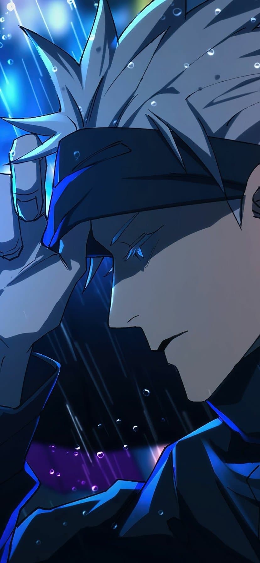 The image features a close-up profile of Satoru Gojo from Jujutsu Kaisen, characterized by his signature spiky white hair and a dark blindfold pushed slightly upward. He is depicted in a contemplative or somber pose, with his hand raised near his forehead as if in deep thought or adjusting his headwear. The setting appears to be an urban environment at night during a rainstorm, with visible raindrops and streaks of light cutting through the darkness. The artistic technique utilizes sharp line work and high-contrast cel shading, emphasizing the cool blue tones of the nighttime lighting. The overall atmosphere is melancholic and intense, capturing a moment of quiet gravity amidst a turbulent background. The use of rim lighting on the hair and clothing adds a professional, cinematic depth to the composition.