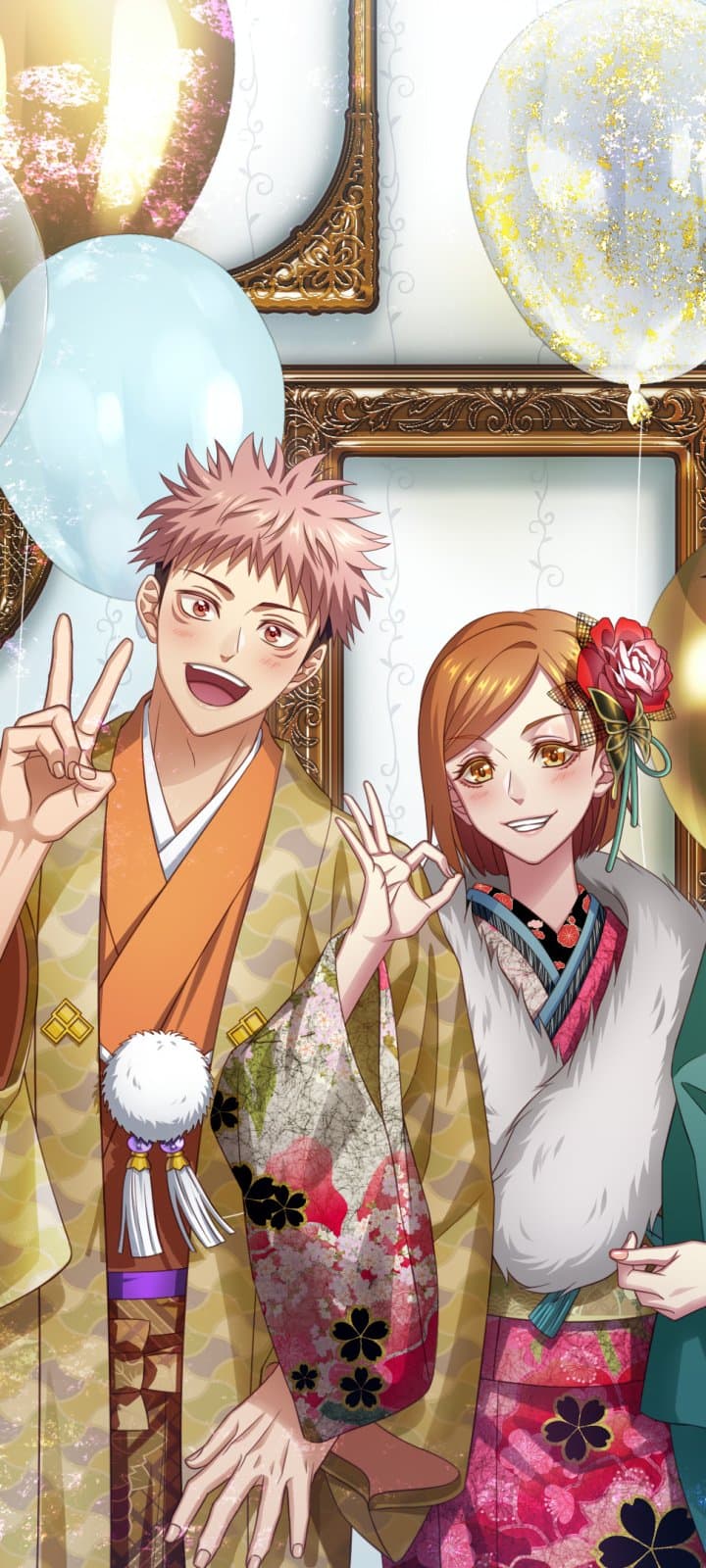 The image features two central characters, a young man with spiky pink hair and a young woman with short orange hair, both dressed in elaborate traditional Japanese attire. The male character wears a layered golden-yellow haori with wave patterns over an orange kimono, while the female character is adorned in a vibrant pink floral kimono with a white fur stole and a red rose hair ornament. They are depicted in a joyful, celebratory pose; the male character gives a peace sign with a wide grin, and the female character offers a subtle 'OK' hand gesture with a bright smile. The background is a sophisticated indoor setting featuring ornate gold picture frames and festive balloons, including one filled with gold leaf. The artistic style is polished modern digital illustration, characterized by clean line work and vibrant, warm colors. The overall atmosphere is incredibly cheerful, festive, and wholesome, suggesting a New Year's celebration or a formal commemorative event.