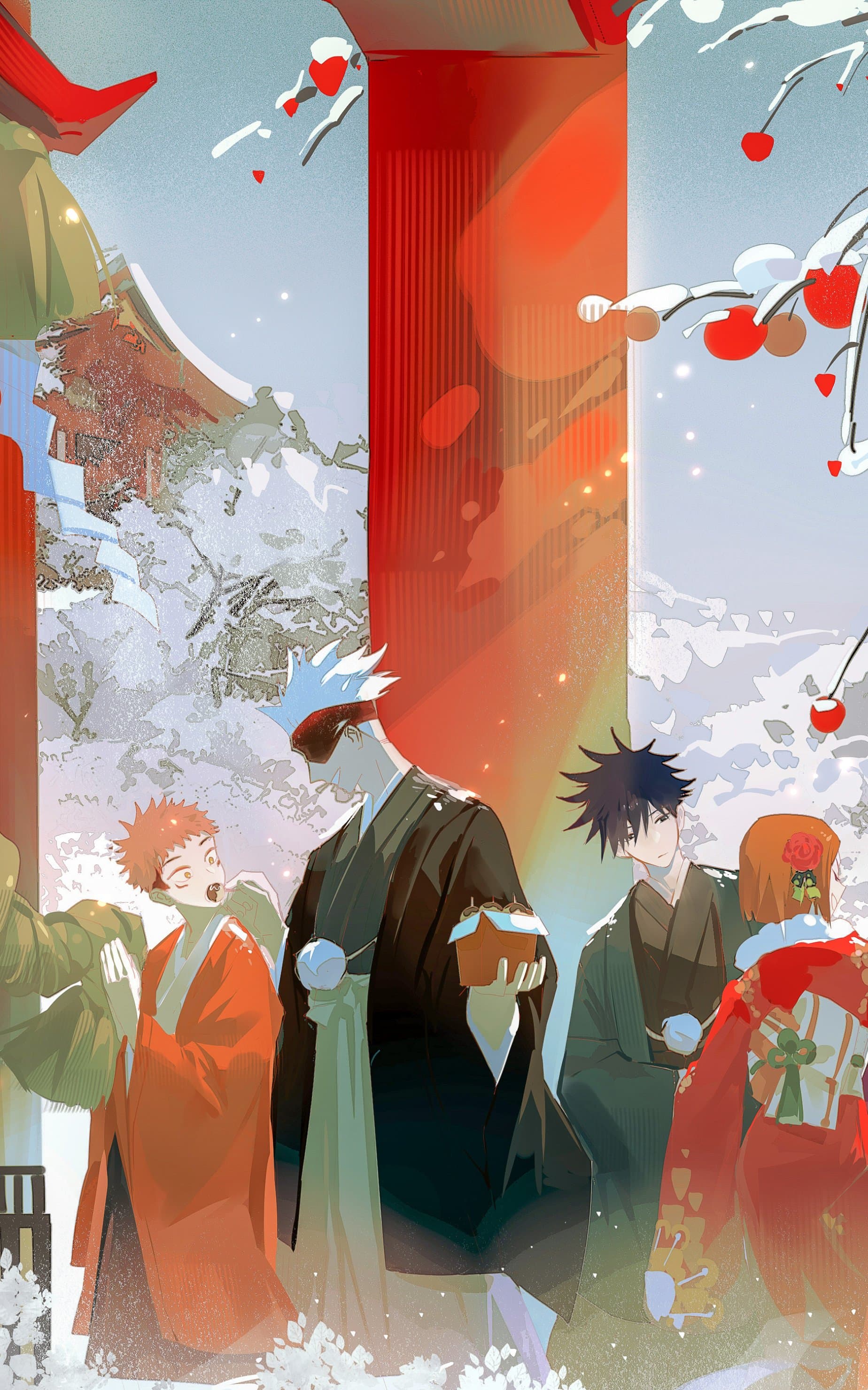 The image features four characters from Jujutsu Kaisen—Yuji Itadori, Satoru Gojo, Megumi Fushiguro, and Nobara Kugisaki—dressed in traditional Japanese winter attire. They are positioned in front of a large, vibrant red torii gate at a Shinto shrine, with Gojo holding a small box of sweets. The characters are depicted in a relaxed, candid moment; Yuji appears to be speaking excitedly while Nobara is seen from the back, showcasing her ornate red kimono. The background is a serene, snow-covered landscape with a traditional temple building partially visible through the winter mist. The artistic style uses a bright, high-key color palette with soft textures and sharp character outlines to create a clean, modern aesthetic. The overall atmosphere is peaceful and celebratory, capturing a quiet moment of camaraderie during a winter festival or New Year visit.