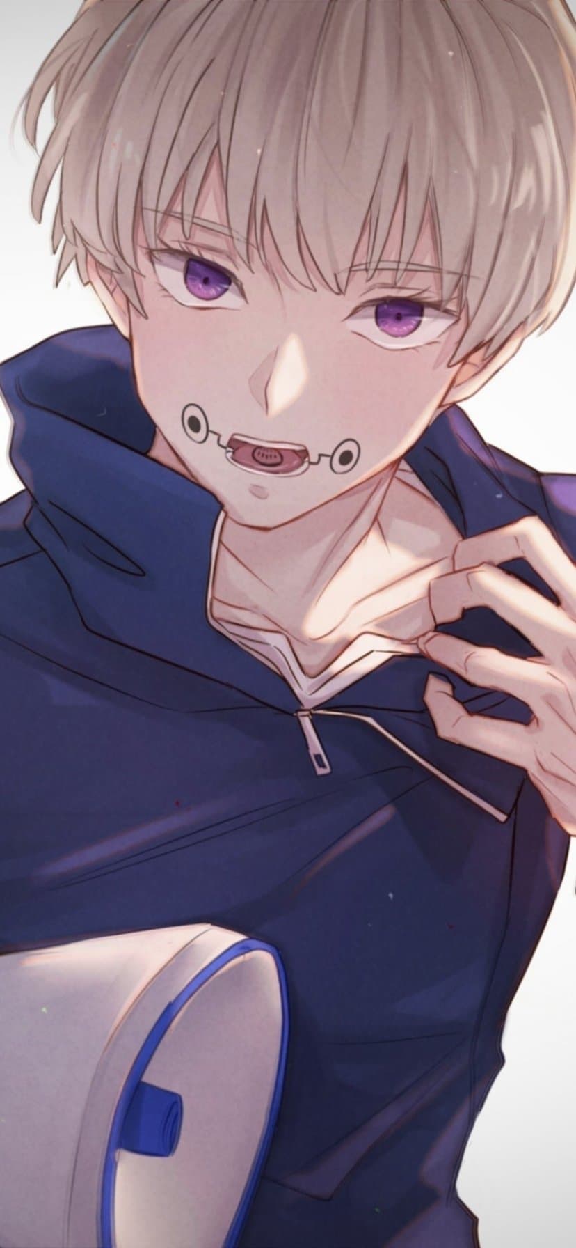 This digital illustration features Toge Inumaki from Jujutsu Kaisen, depicted in a focused medium shot. He is wearing his signature high-collared dark navy blue jujutsu uniform, which he is slightly pulling down with his left hand to reveal the 'Snake and Fangs' seal of the Inumaki clan around his mouth. His hair is a pale ash-blonde or silver, styled in a messy but soft bowl cut that frames his striking violet eyes. He holds a white and blue megaphone in his right hand, a tool used to amplify his Cursed Speech technique. The artistic style utilizes soft, painterly textures with delicate line work and subtle color gradients, particularly in the hair and skin. The overall atmosphere is calm yet intense, capturing a moment of preparation before a battle.