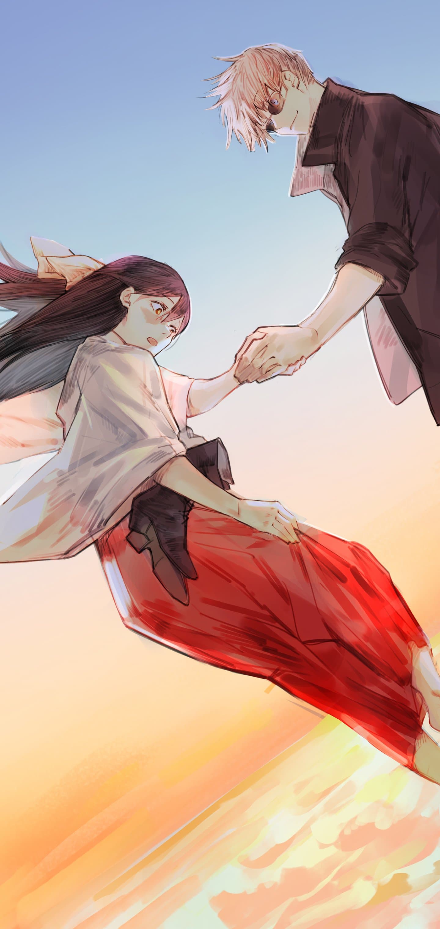 The image features two characters from Jujutsu Kaisen, Satoru Gojo and Utahime Iori, in a moment of connection. Utahime is dressed in traditional miko attire, consisting of a white haori and a long red hakama skirt, while Gojo wears his signature dark high-collared jacket and sunglasses. Gojo leans down from the top right corner, extending his hand to grasp Utahime's as she looks up at him with a surprised yet soft expression. The setting is an ethereal, open sky with a gradient of soft blues and warm sunset oranges, suggesting a high-altitude or dreamlike environment. The artistic style utilizes painterly digital brushstrokes and soft lighting, creating a gentle, nostalgic atmosphere. The composition uses a dynamic diagonal line to connect the two figures, emphasizing the emotional bond and the height difference between them.