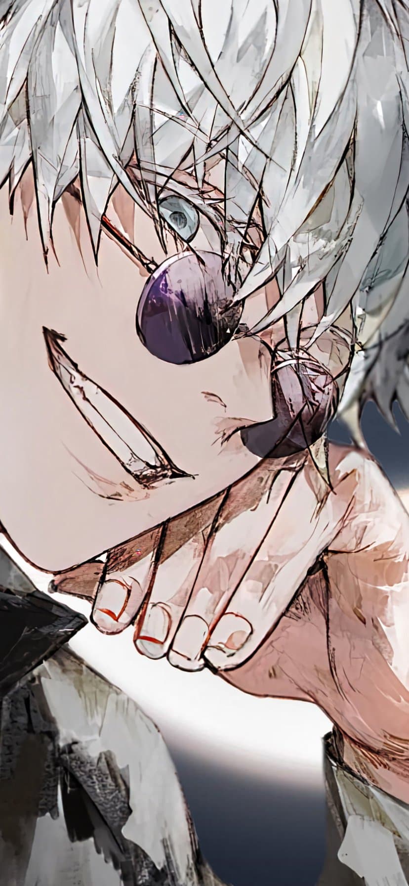 The image features a close-up portrait of Satoru Gojo from Jujutsu Kaisen, characterized by his signature spiky white hair and vibrant blue eyes. He is depicted wearing his iconic dark high-collared uniform and round purple-tinted sunglasses, which are slightly lowered to reveal one eye. The character is shown in a relaxed yet confident pose, with his hand resting near his chin, suggesting a playful or smug demeanor. The artistic style is highly stylized, utilizing sharp, sketchy line work and a painterly digital texture that gives the piece a dynamic, modern feel. The background is minimalist and out of focus, ensuring the viewer's attention remains entirely on the character's expressive face and detailed features. The overall atmosphere is cool and charismatic, capturing the powerful and enigmatic essence of the character.