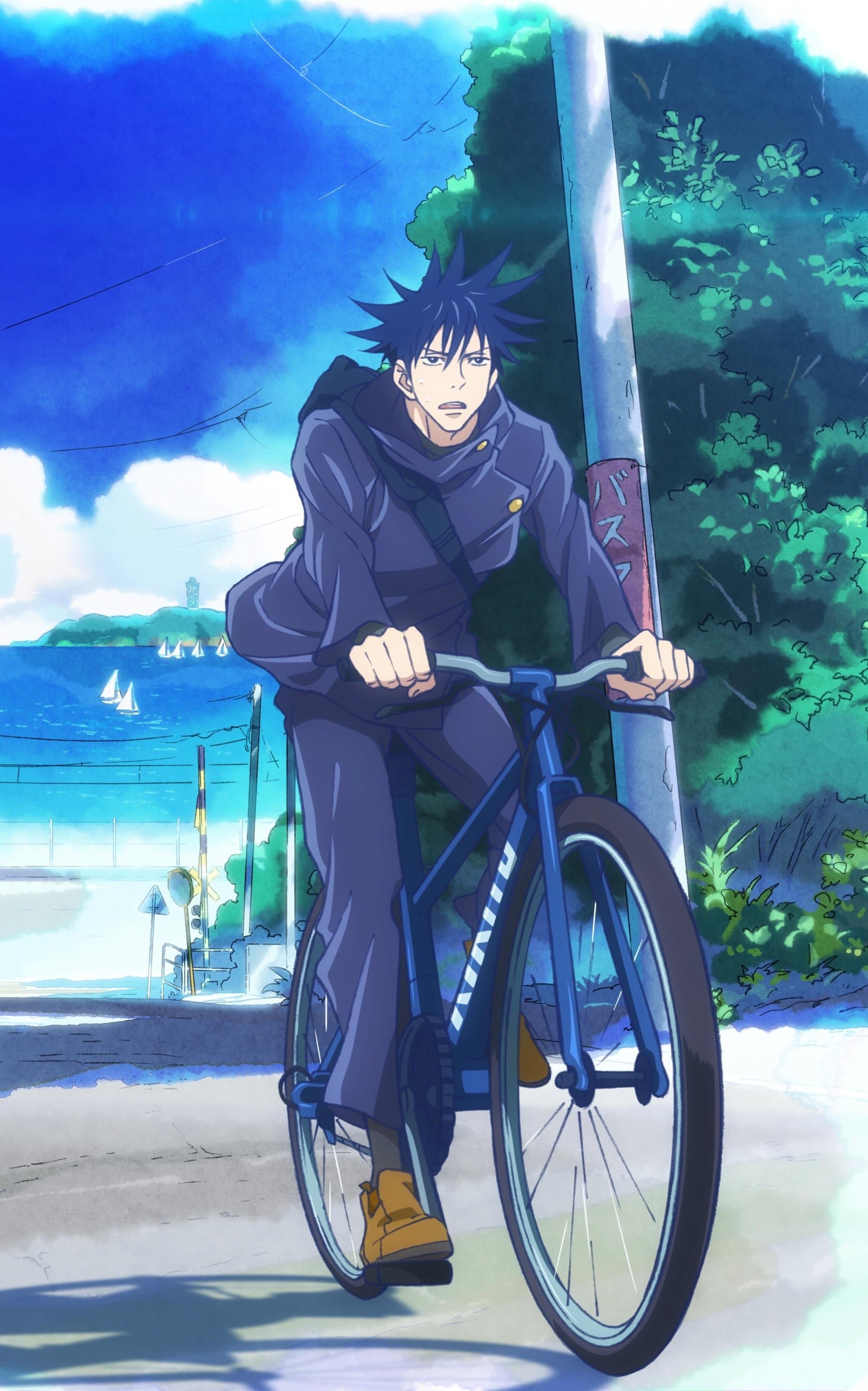 The image features Megumi Fushiguro from Jujutsu Kaisen, depicted with his signature spiky dark hair and wearing his high-collared navy blue Jujutsu High uniform. He is captured in a dynamic pose while riding a blue bicycle down a paved road, with a messenger bag slung across his shoulder. The setting is a bright, coastal urban environment featuring lush green trees, a utility pole, and a scenic view of a blue ocean with white sailboats in the distance. The artistic style utilizes a vibrant, painterly aesthetic with visible brushstrokes in the background and sharp, clean linework for the character. The overall atmosphere is peaceful and nostalgic, evoking the feeling of a bright summer day in a seaside town.