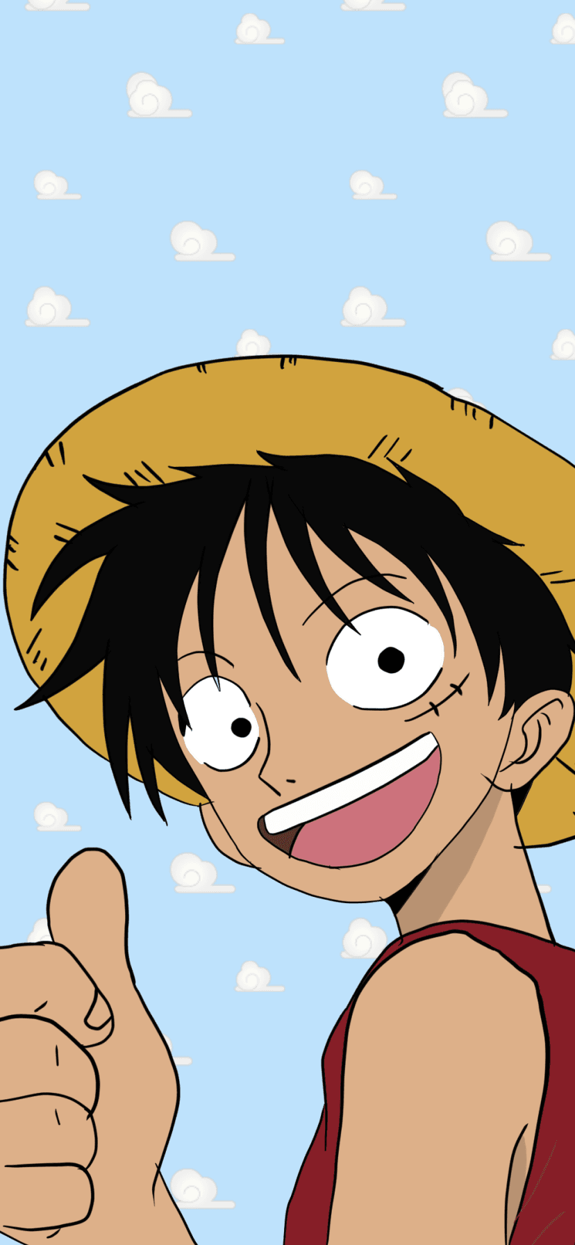 The image features Monkey D. Luffy, the protagonist of One Piece, wearing his iconic yellow straw hat with a red band and a simple red sleeveless vest. He is depicted in a cheerful close-up portrait, flashing a wide, confident grin while giving a thumbs-up gesture toward the viewer. The background is a light blue sky filled with stylized, white swirl-patterned clouds that pay homage to the Toy Story wallpaper aesthetic. The art style utilizes clean, bold line work and flat cel-shading, characteristic of modern digital 2D animation. The overall atmosphere is incredibly positive, energetic, and whimsical, capturing the adventurous spirit of the character. The composition is vertically oriented, making it ideal for use as a mobile phone wallpaper.
