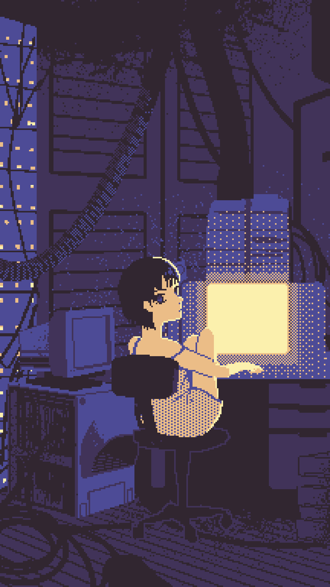 A young female character with short dark hair is seated at a cluttered desk in a dimly lit, retro-futuristic room, her attention focused on a glowing computer monitor. She wears a light-colored, patterned top with thin straps and matching shorts, both of which cover her fully without revealing any skin. The room features pixelated cityscape windows, exposed cables, and vintage computer hardware, evoking a nostalgic cyberpunk aesthetic. The artwork employs a distinct 8-bit pixel art style with sharp, blocky lines and halftone shading, creating a stylized, digital atmosphere. The overall mood is contemplative and solitary, with the character’s posture suggesting quiet concentration or immersion in digital work, set against a backdrop of urban night and ambient digital glow.