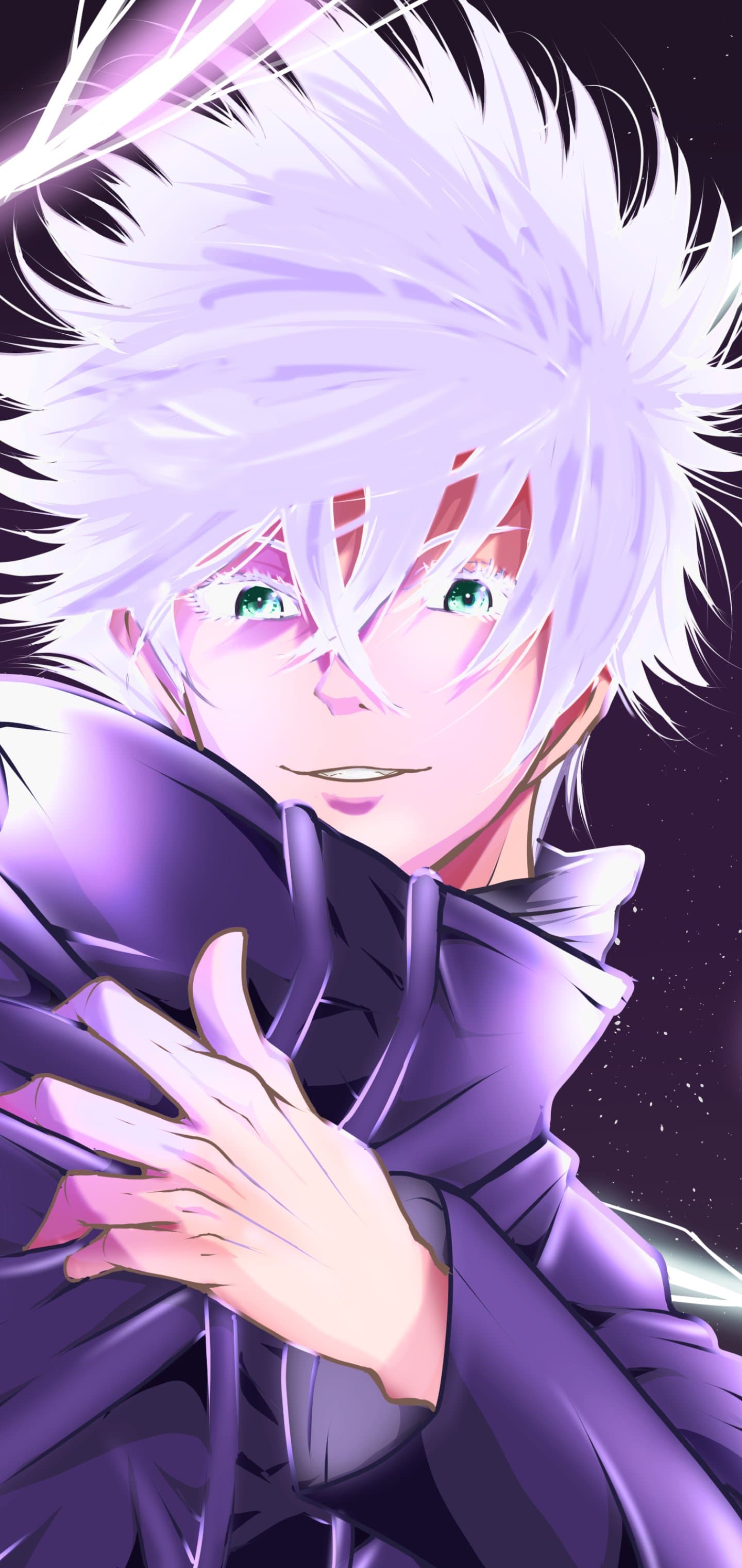 The image features a close-up portrait of Satoru Gojo, characterized by his iconic spiky white hair and striking turquoise eyes. He is wearing a high-collared, dark purple or navy blue jacket that covers his neck and torso completely, with his hand raised near his chest in a relaxed gesture. The character wears a confident, slight smirk, conveying a sense of calm power and playfulness. The background is a dark, starry void with streaks of bright white and purple energy or light, suggesting a supernatural or high-action context. The art utilizes vibrant digital coloring with strong highlights on the hair and face to create a glowing effect. The overall atmosphere is ethereal and intense, capturing a moment of serene dominance.