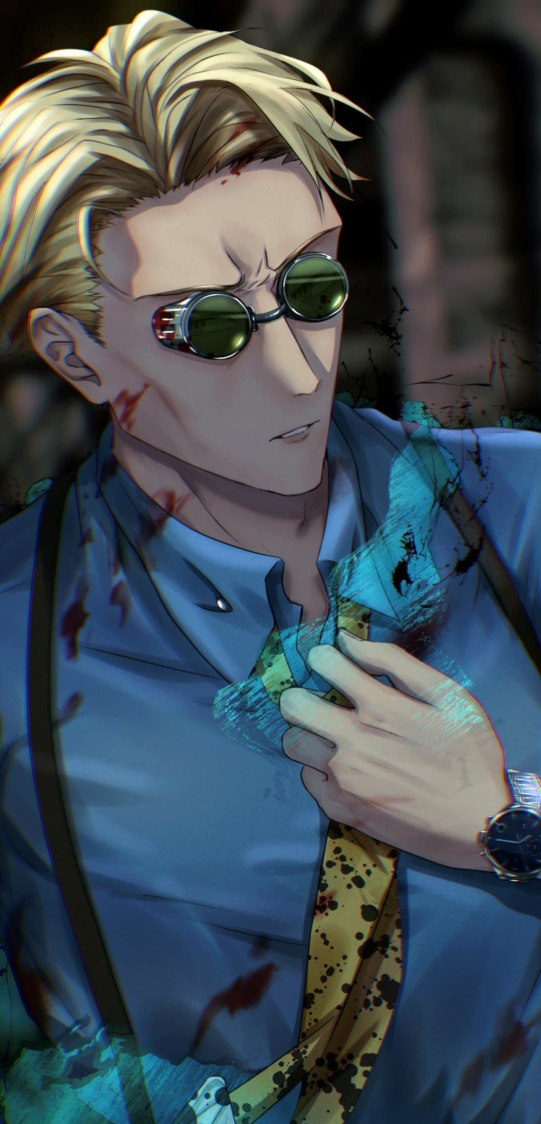 The image features a professional-looking man with slicked-back blonde hair, wearing a light blue button-down shirt, a spotted yellow necktie, and dark suspenders. He is depicted in a medium shot, adjusting his tie with one hand while sporting unique, circular green-tinted goggles. The character appears battle-worn, with visible blood splatters on his face and clothing, suggesting a recent intense conflict. The background is dark and out of focus, emphasizing the character's presence and the glowing blue energy effects swirling around his torso. The artistic style is modern digital with sharp line work and sophisticated cel-shading, creating a serious and high-stakes atmosphere. The overall mood is tense and determined, reflecting a character who remains composed despite physical injury.