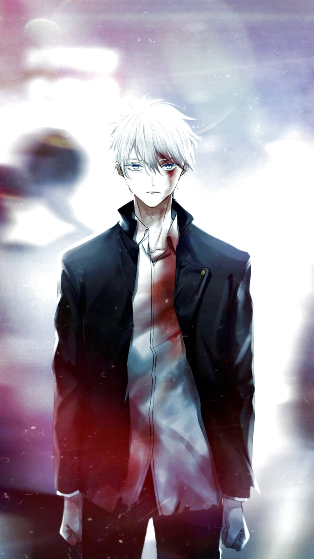 The image features a young male character with striking white, messy hair and pale blue eyes, bearing visible injuries and bloodstains on his face and clothing. He is dressed in a formal school-style attire consisting of a dark navy or black gakuran jacket worn open over a white button-down shirt, which is heavily stained with red. The character stands in a static, front-facing pose with a stoic and somewhat melancholic expression, looking directly at the viewer. The background is highly stylized and ethereal, utilizing bright white light and soft, blurred washes of purple and blue to create a dreamlike or post-battle atmosphere. Artistic techniques include sharp line work for the character contrasted against a painterly, textured background with lens flare effects. The overall mood is somber, intense, and dramatic, suggesting a moment of quiet reflection following a violent encounter.