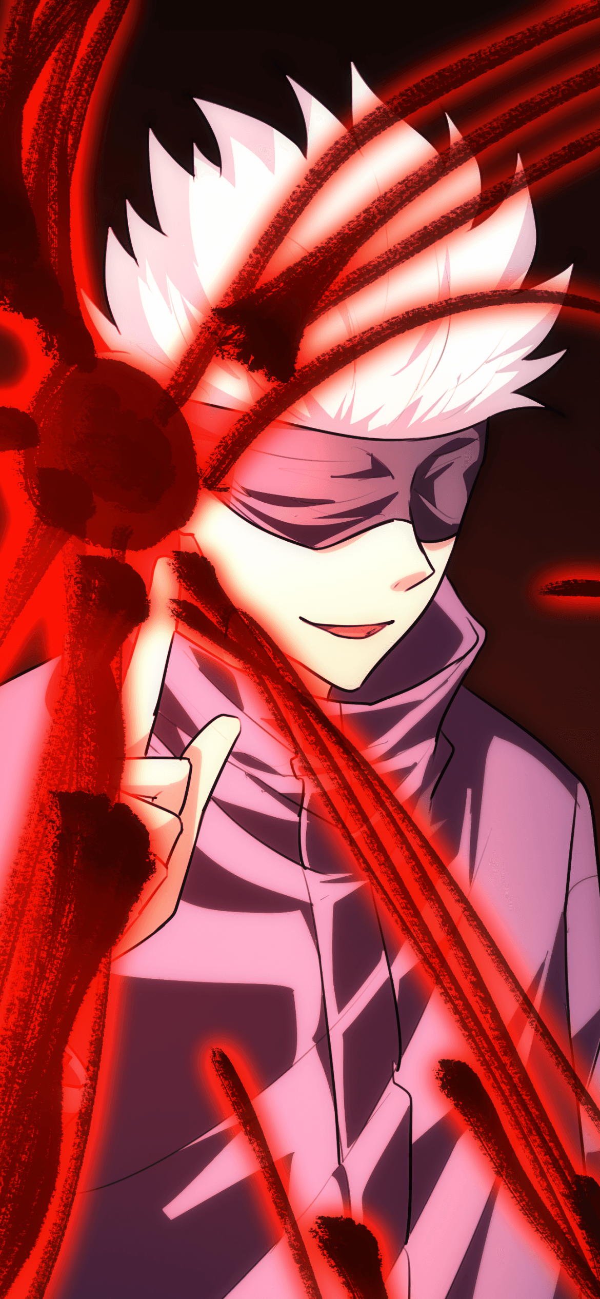 The image features Satoru Gojo from Jujutsu Kaisen, depicted with his signature white spiky hair and a dark blindfold covering his eyes. He is wearing a high-collared dark purple sorcerer's uniform that fully covers his torso and neck. The character is shown in a dynamic pose, holding up a single finger as if activating a technique, while vibrant red energy streaks swirl around him. The background is a deep, dark void that makes the glowing red effects and the character's pale features stand out prominently. The artistic style utilizes sharp cel-shading and thick, textured brushstrokes for the energy effects, creating a sense of movement and power. The overall atmosphere is intense and supernatural, reflecting a moment of high-stakes combat or the manifestation of a powerful ability.