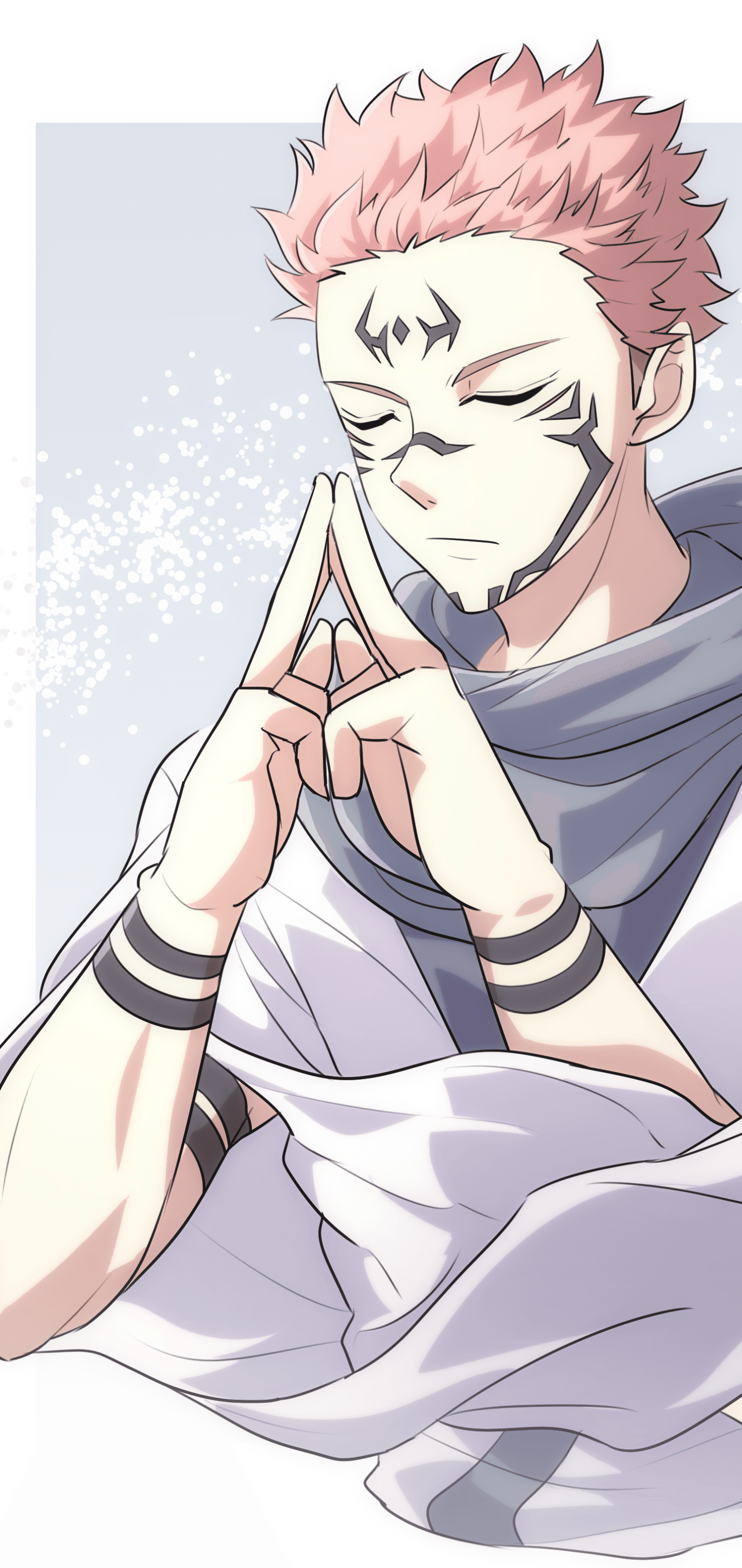 The image features Ryomen Sukuna from Jujutsu Kaisen, depicted with his signature pink spiky hair and intricate black facial markings. He is wearing a traditional light-colored kimono with a thick grey scarf or collar, which fully covers his torso and neck. The character is shown in a meditative pose with his eyes closed and hands joined in a specific ritualistic mudra or hand sign. The background is a minimalist light blue and white composition with subtle sparkling particle effects that suggest a spiritual or supernatural energy. The art style utilizes clean, sharp line work and professional cel-shading to create a polished, modern digital look. The overall atmosphere is surprisingly peaceful and focused, contrasting with the character's typically malevolent nature.