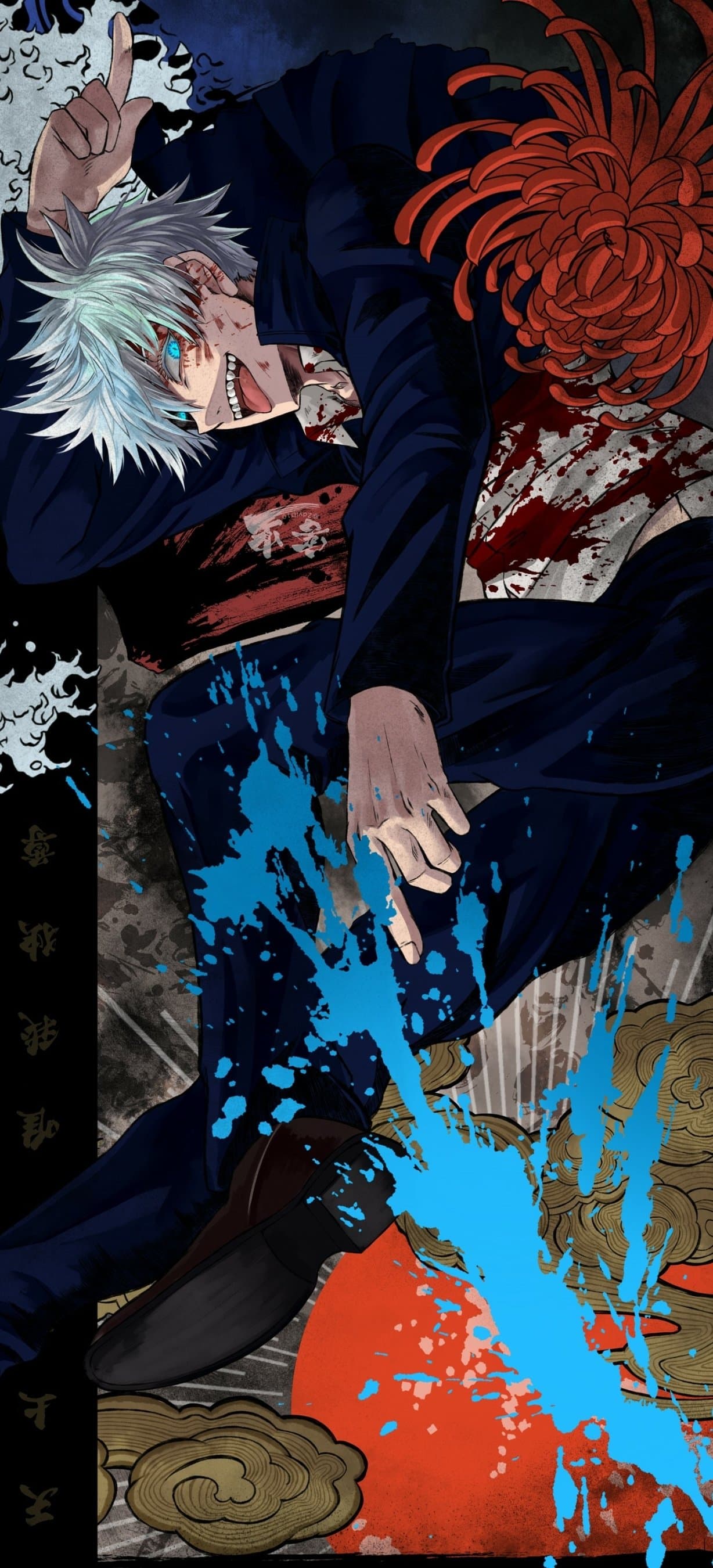 The image features Satoru Gojo from Jujutsu Kaisen, depicted with his signature white hair and striking blue eyes, wearing a dark navy high-collared jujutsu uniform. He is shown in a dynamic, tilted pose with a manic, wide-eyed expression and blood splattered across his face and torso, suggesting a state of combat-induced euphoria. The background is a complex collage of traditional Japanese motifs, including a large red spider lily, stylized golden clouds, and a bright red sun disk. Artistic techniques involve sharp manga-style line work combined with vibrant digital coloring and textured overlays that mimic traditional paper. The overall atmosphere is intense, chaotic, and powerful, capturing a pivotal moment of 'awakening' or extreme emotional intensity. The composition uses a vertical orientation with a Dutch angle to enhance the sense of disorientation and supernatural energy.