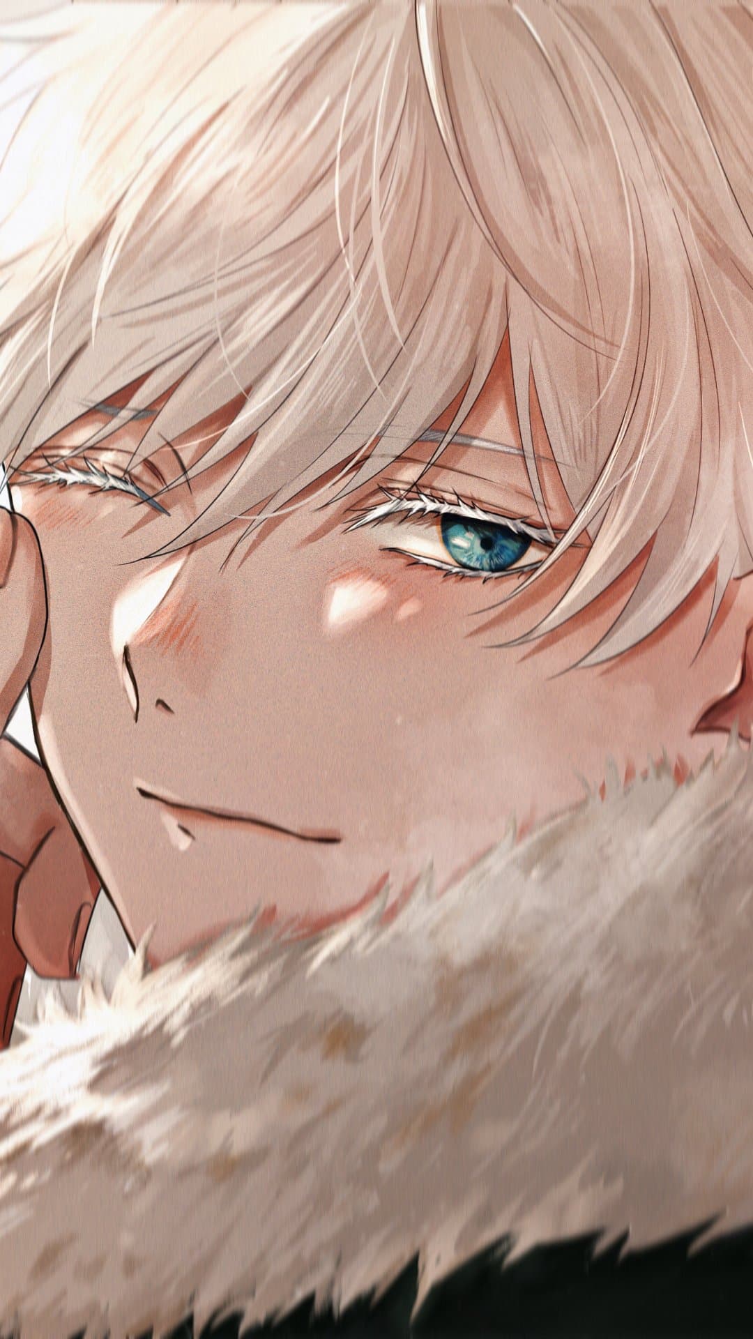The image features a close-up portrait of Satoru Gojo from Jujutsu Kaisen, characterized by his signature snow-white hair and striking blue eyes. He is depicted wearing a dark garment topped with a thick, textured fur collar that obscures his neck and shoulders, suggesting a winter or high-fashion aesthetic. The character gazes directly at the viewer with a slight, confident smirk, while one eye is partially squinted, creating an engaging and charismatic expression. The artistic style utilizes fine, thin line work combined with soft, painterly shading that emphasizes the crystalline detail of his irises and the softness of his hair. The lighting is bright and diffused, originating from the front-left, which casts gentle highlights across his face and gives the fur collar a realistic, tactile appearance. The overall atmosphere is peaceful yet intense, capturing the character's calm and powerful presence in a serene, high-quality digital illustration.