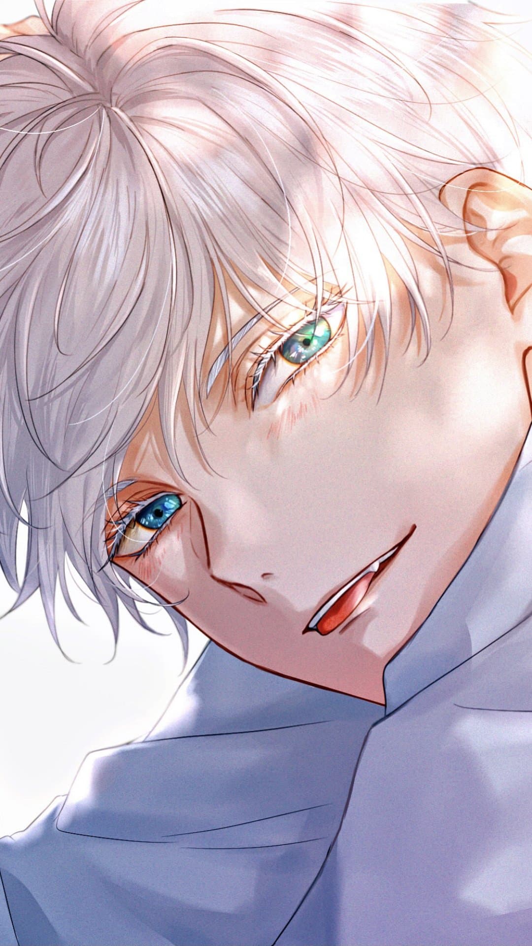 This high-quality digital illustration features a close-up portrait of Satoru Gojo from Jujutsu Kaisen, characterized by his signature snow-white, messy hair and striking blue eyes. The character is depicted with a slight, confident smirk, tilting his head slightly to the side while looking directly at the viewer. He wears a high-collared light blue or white garment that covers his neck, maintaining a modest and professional appearance. The artistic technique utilizes soft, painterly shading with intricate detail in the irises, which contain flecks of teal and gold to simulate a crystalline effect. The lighting is bright and ethereal, coming from the upper right to create a soft glow across his features and hair. The overall atmosphere is serene yet charismatic, capturing a moment of calm intensity.