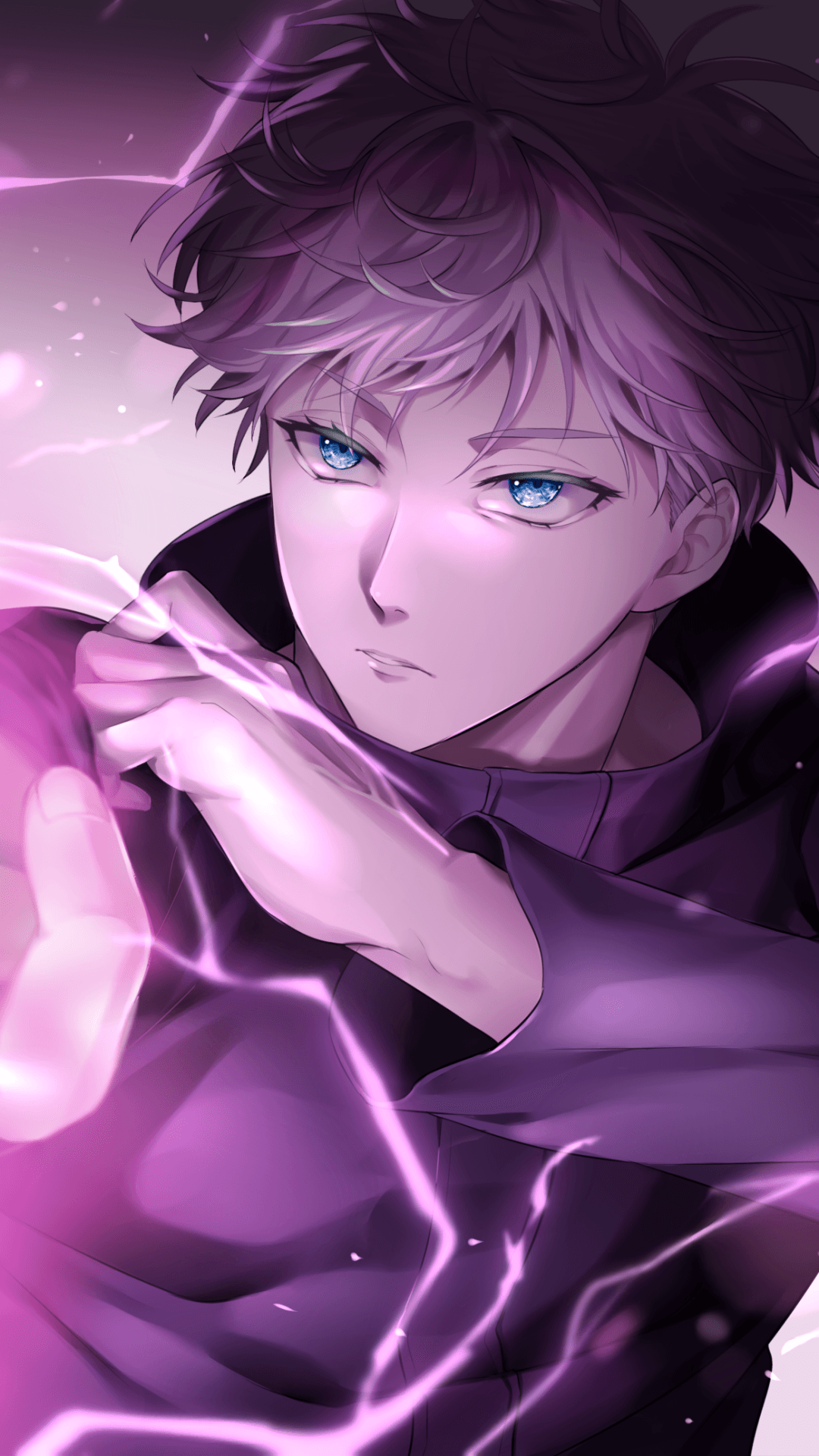 The image features a young male character with spiky, light-colored hair and striking, crystalline blue eyes. He is dressed in a high-collared, dark purple or black tactical uniform that fully covers his torso and neck. The character is depicted in a dynamic combat pose, with one hand reaching toward the viewer as if channeling energy. The environment is filled with vibrant purple electrical arcs and glowing energy particles that illuminate his face and surroundings. The artistic style is high-end digital illustration, characterized by smooth gradients, sharp line work, and intense lighting effects. The overall atmosphere is powerful and intense, conveying a sense of supernatural strength and focused determination.