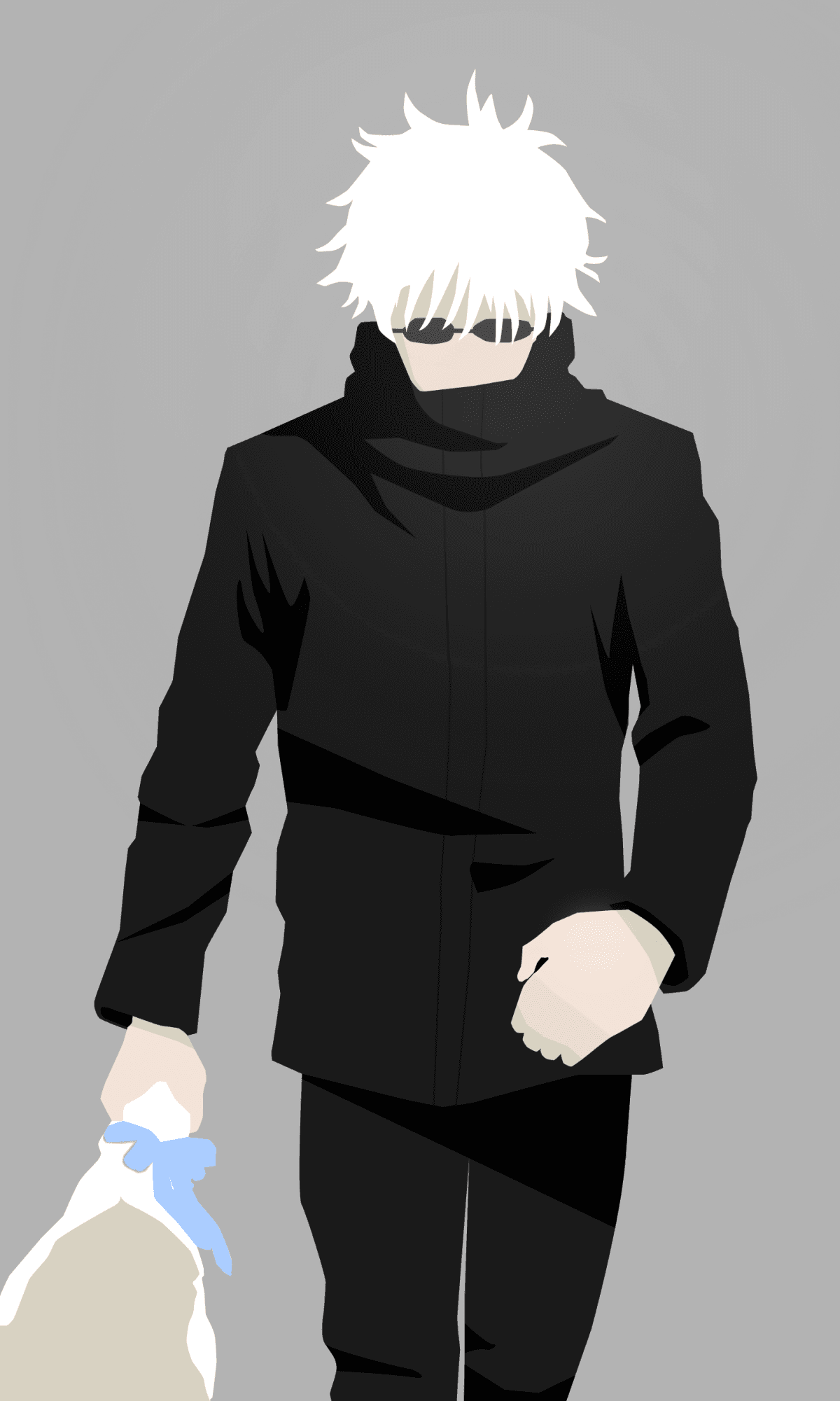 The image features a stylized, minimalist depiction of Satoru Gojo from Jujutsu Kaisen, characterized by his signature spiky white hair and dark sunglasses. He is dressed in his iconic high-collared black jujutsu high uniform, which provides full coverage of his torso and arms. The character is captured in a walking pose, moving toward the viewer while carrying a white shopping bag tied with a light blue ribbon. The art style is vector-based and minimalist, omitting facial features like the nose and mouth to focus on shape and silhouette. The background is a solid, neutral grey, which emphasizes the high-contrast black and white palette of the character. The overall mood is cool, calm, and modern, reflecting the character's nonchalant and powerful personality.
