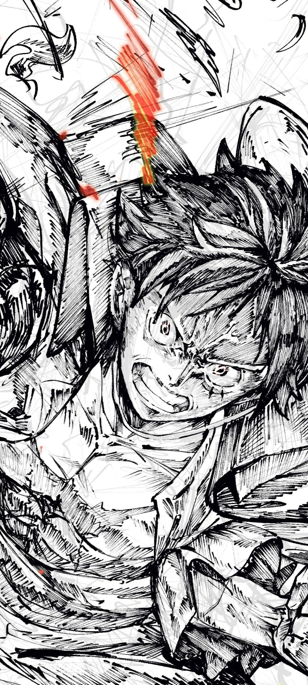 This high-intensity manga-style illustration features Monkey D. Luffy from One Piece in a dynamic combat stance. The character is depicted with a fierce, determined expression, gritting his teeth and wide-eyed, capturing a moment of extreme exertion. He wears his signature open-collared shirt, though the focus is primarily on his face and upper torso amidst a whirlwind of motion lines. The artistic technique utilizes heavy, rough cross-hatching and energetic ink strokes to convey speed and power, characteristic of a high-stakes battle scene. A single vertical streak of orange and yellow light provides a sharp contrast against the monochromatic black and white sketch, suggesting a special ability or impact. The overall atmosphere is tense, powerful, and brimming with shonen-style action energy.