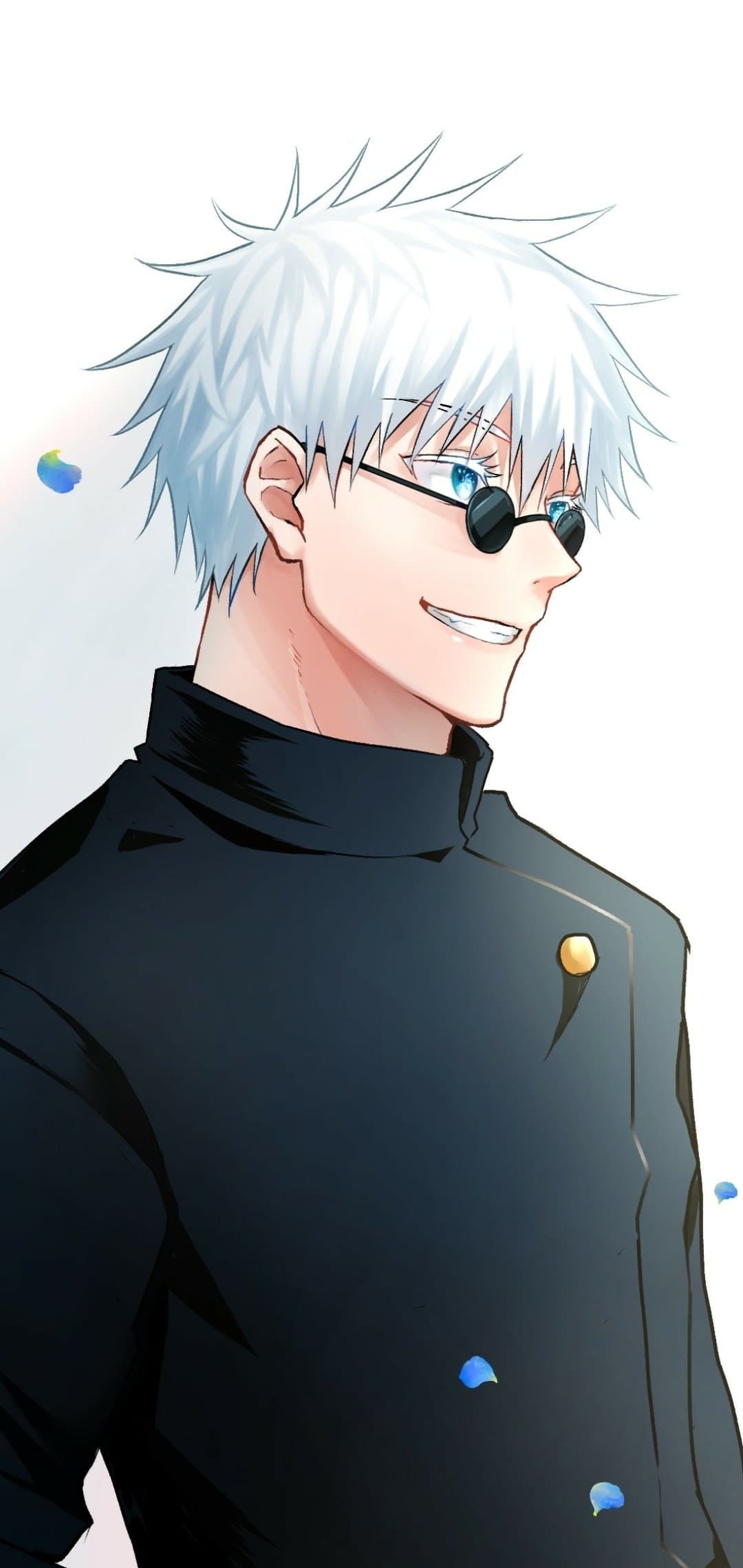 The image features a young man with striking, spiky white hair and vibrant blue eyes, partially obscured by small, round black sunglasses. He is wearing a high-collared, dark navy blue or black uniform with a single gold button, characteristic of a student or sorcerer's attire. The character is shown in a side profile view, sporting a confident and charismatic smirk that reveals his teeth. The background is a clean, minimalist white, accented by a few floating blue flower petals that add a sense of motion and elegance. The art style is polished and modern, utilizing sharp line work and smooth cel-shading to create a professional aesthetic. The overall mood is cool, self-assured, and peaceful, capturing a moment of calm confidence.