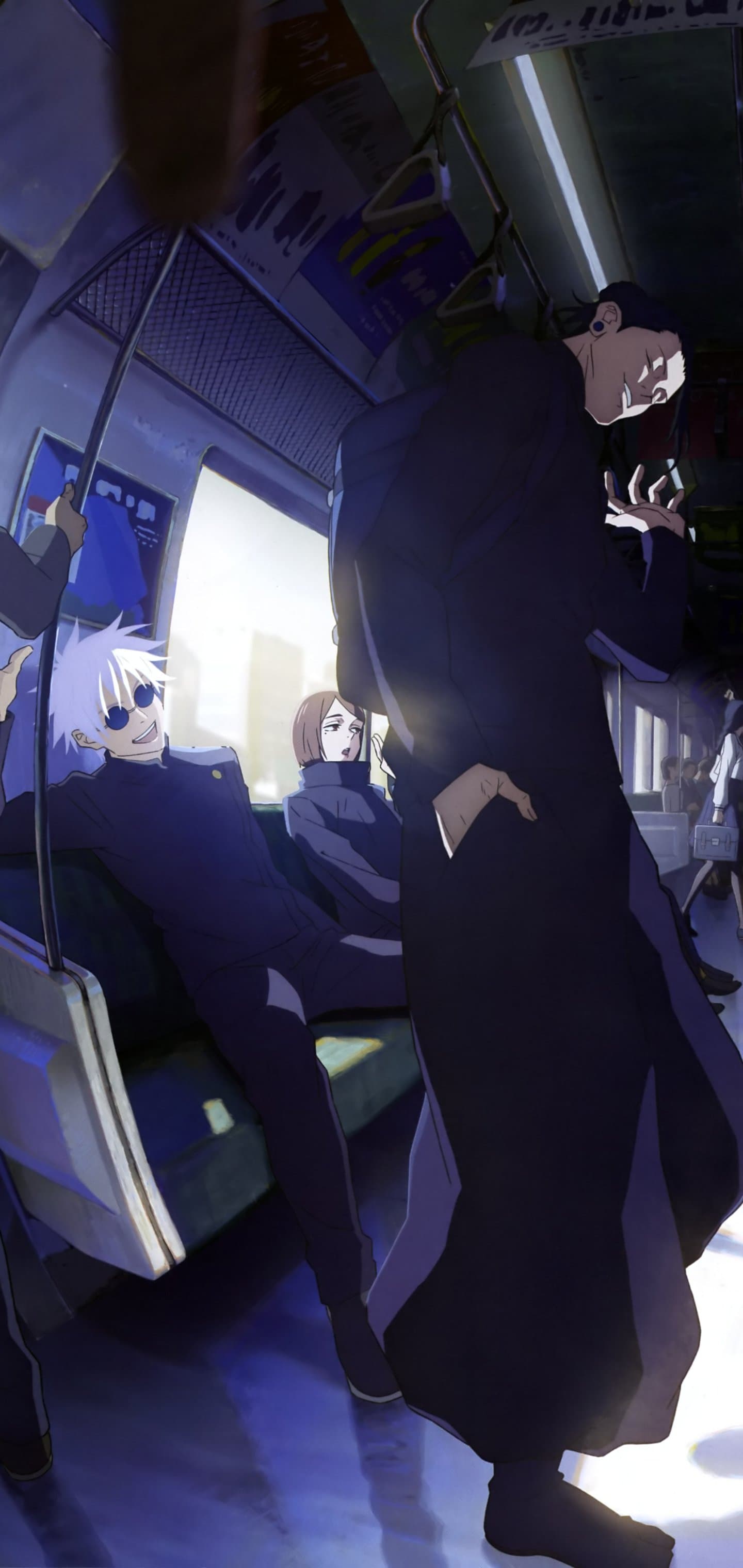 The image features three characters from Jujutsu Kaisen—Satoru Gojo, Suguru Geto, and Shoko Ieiri—inside a moving train car. They are dressed in their dark navy blue high school uniforms, which provide full coverage and a formal, disciplined appearance. Gojo is seated and leaning back with a relaxed grin and sunglasses, while Geto stands in the foreground with a confident posture, and Shoko sits calmly in the background. The setting is a detailed urban train interior with overhead handles, advertisements, and bright light streaming through the windows, creating a high-contrast effect. The artistic style utilizes sharp line work and professional cel-shading, characteristic of modern high-budget anime production. The overall atmosphere is nostalgic and peaceful, capturing a candid, everyday moment of friendship and youth.