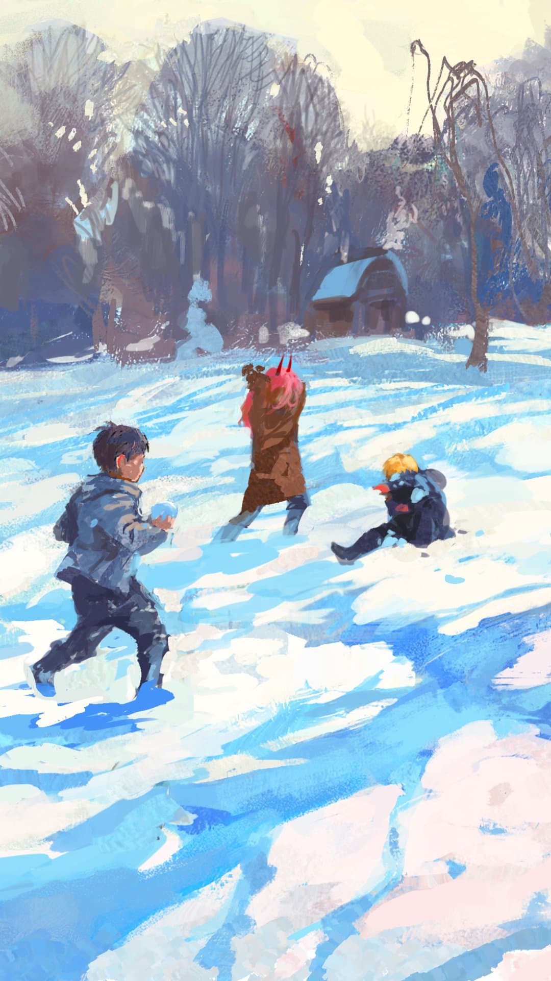 The image depicts three young characters engaged in a playful snowball fight within a vast, snow-covered field. The characters are dressed in heavy winter attire, including thick coats, trousers, and boots, ensuring full coverage suitable for the cold environment. In the foreground, a dark-haired boy runs with a snowball in hand, while a girl with pink hair and small red horns stands further back, and a blonde child sits in the snow to the right. The setting is a serene winter landscape featuring a dense forest of bare trees and a small, snow-capped cabin in the background. The artistic style is painterly and impressionistic, characterized by visible, expressive brushstrokes and a vibrant use of blues and whites to represent light and shadow on the snow. The overall atmosphere is joyful, nostalgic, and peaceful, capturing a fleeting moment of childhood innocence.
