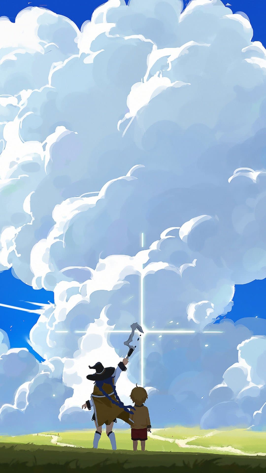 The image features two characters, Roxy Migurdia and Rudeus Greyrat, standing in a vast green field under a towering sky. Roxy is depicted in her signature mage attire, including a wide-brimmed hat, a brown traveling cloak, and blue boots, while holding her staff aloft. Beside her, a young Rudeus stands in simple brown and red tunics, looking upward in awe. The central focus is a massive, billowing cumulonimbus cloud formation that dominates the upper two-thirds of the frame, bisected by a glowing white cross-shaped light effect. The artistic style utilizes vibrant, saturated blues and greens with a painterly approach to the clouds, reminiscent of high-quality anime film backgrounds. The overall atmosphere is one of wonder, mentorship, and the beginning of an epic journey, evoking a sense of peaceful yet grand adventure.