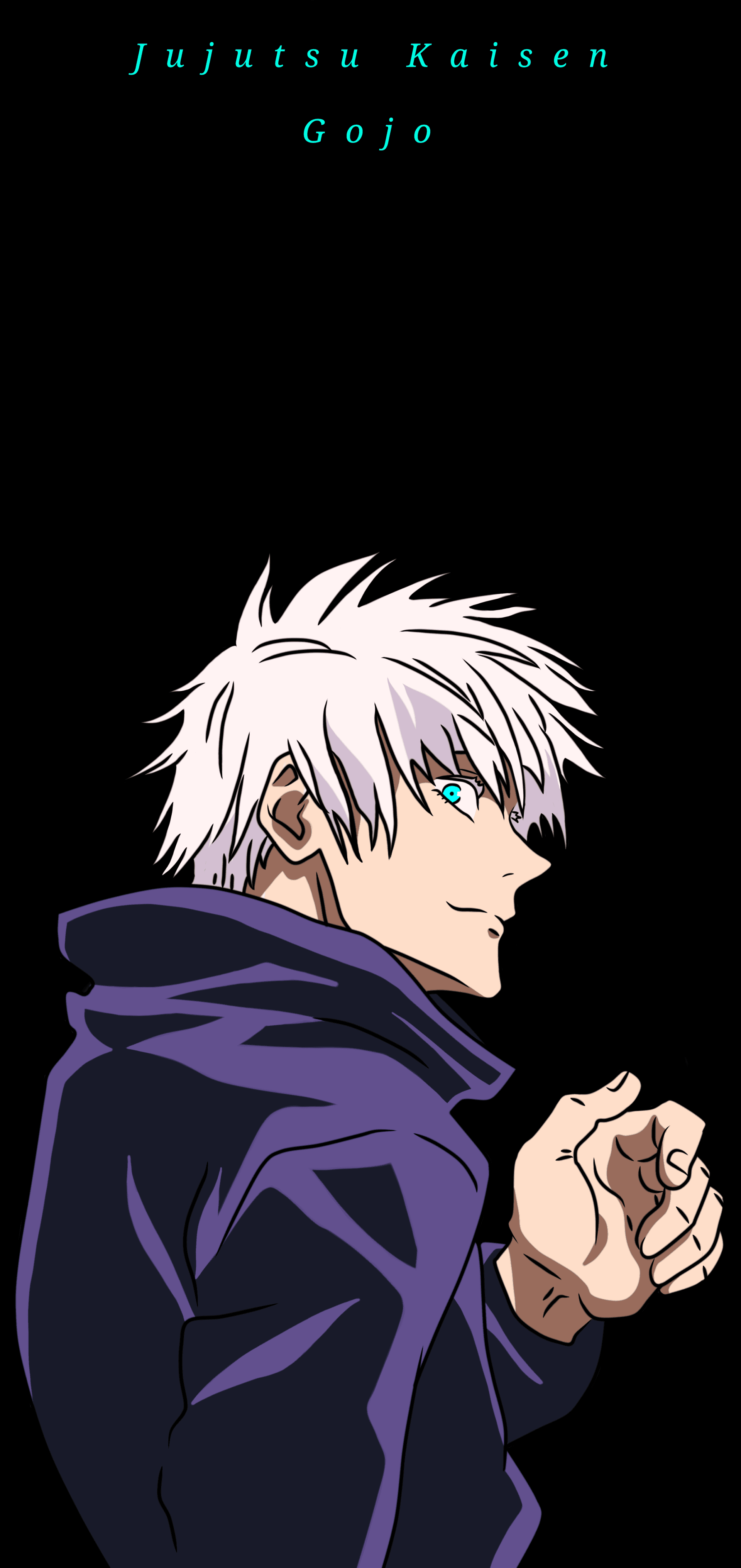 The image features Satoru Gojo from Jujutsu Kaisen, depicted from a side profile against a solid black background. He is wearing his signature high-collared dark purple jujutsu tech uniform, which provides full coverage of his torso and neck. His striking white, spiky hair is rendered with sharp linework, and his visible eye is a vibrant, glowing cyan blue. The character is shown in a calm, slightly smirking pose with one hand partially raised, suggesting a confident and composed demeanor. The artistic style utilizes clean cel-shading with high-contrast lighting that emphasizes the contours of his face and the folds of his clothing. The overall atmosphere is cool and minimalist, making it an ideal high-definition wallpaper for mobile devices.