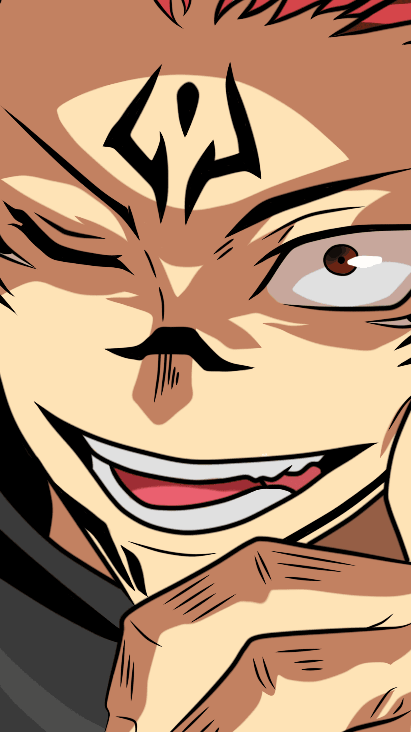 The image features an extreme close-up portrait of Ryomen Sukuna from Jujutsu Kaisen, focusing on his face and hand. He is depicted with his signature black markings on his forehead, nose, and chin, along with spiky pinkish-red hair visible at the top. The character wears a wide, sinister grin that reveals his teeth, while one eye is wide open with a brown iris and the other is narrowed in a menacing expression. His hand is positioned near his chin in a thoughtful yet aggressive gesture, showing detailed line work on the knuckles. The art style utilizes bold, sharp outlines and flat cel-shading characteristic of modern battle shonen anime. The overall atmosphere is intense, villainous, and intimidating, capturing the character's chaotic and powerful nature.