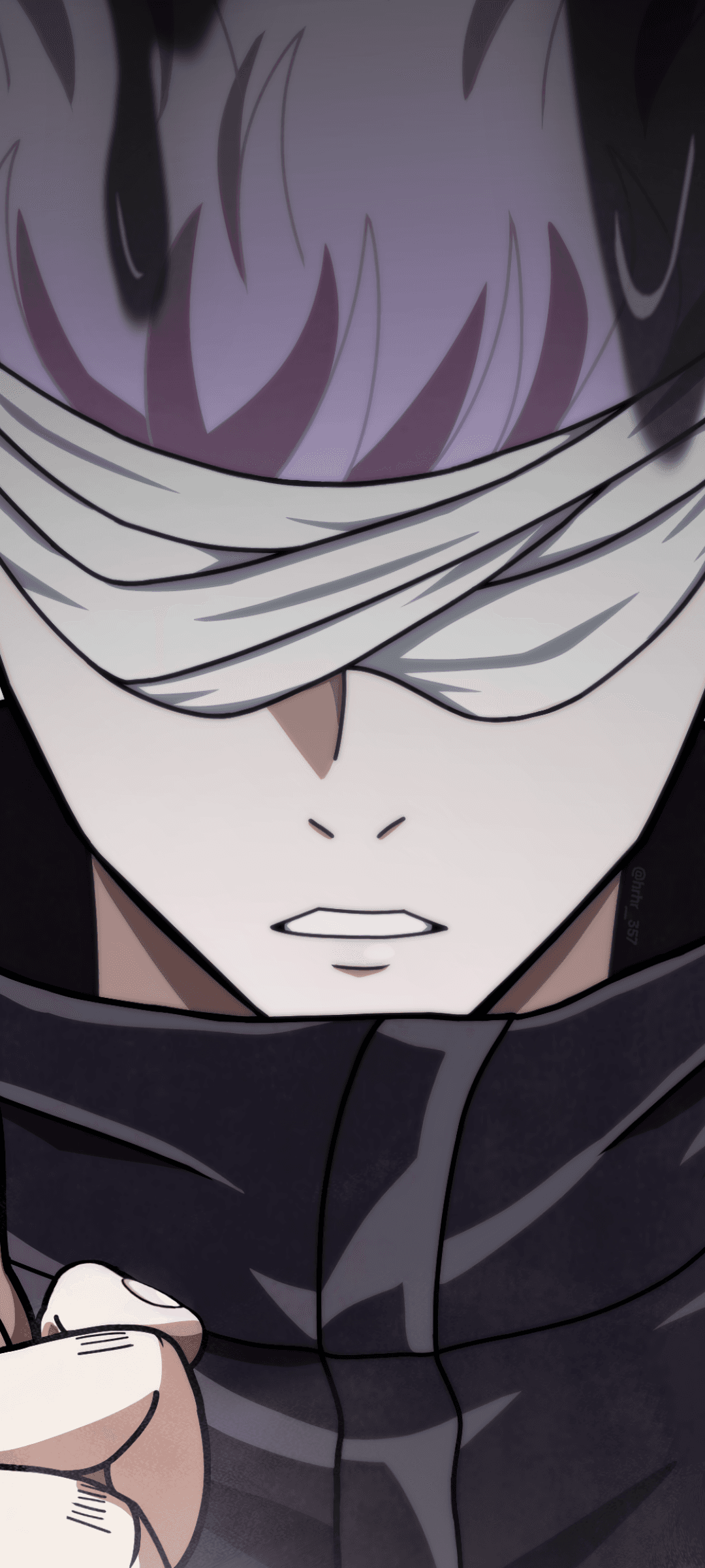 The image features a close-up portrait of Satoru Gojo from Jujutsu Kaisen, focusing on his face and upper torso. He is wearing his signature high-collared dark jacket and a thick white bandage blindfold that covers his eyes completely. His light lavender-tinted hair is styled upwards, with dark, smoke-like energy tendrils emanating from the top of the frame. The character maintains a neutral, serious expression with his mouth slightly parted, suggesting a moment of intense focus or preparation. The art style is clean and modern, utilizing sharp line work and smooth cel-shading that mimics high-end TV anime production. The overall atmosphere is tense and powerful, emphasizing the character's mysterious and formidable nature.