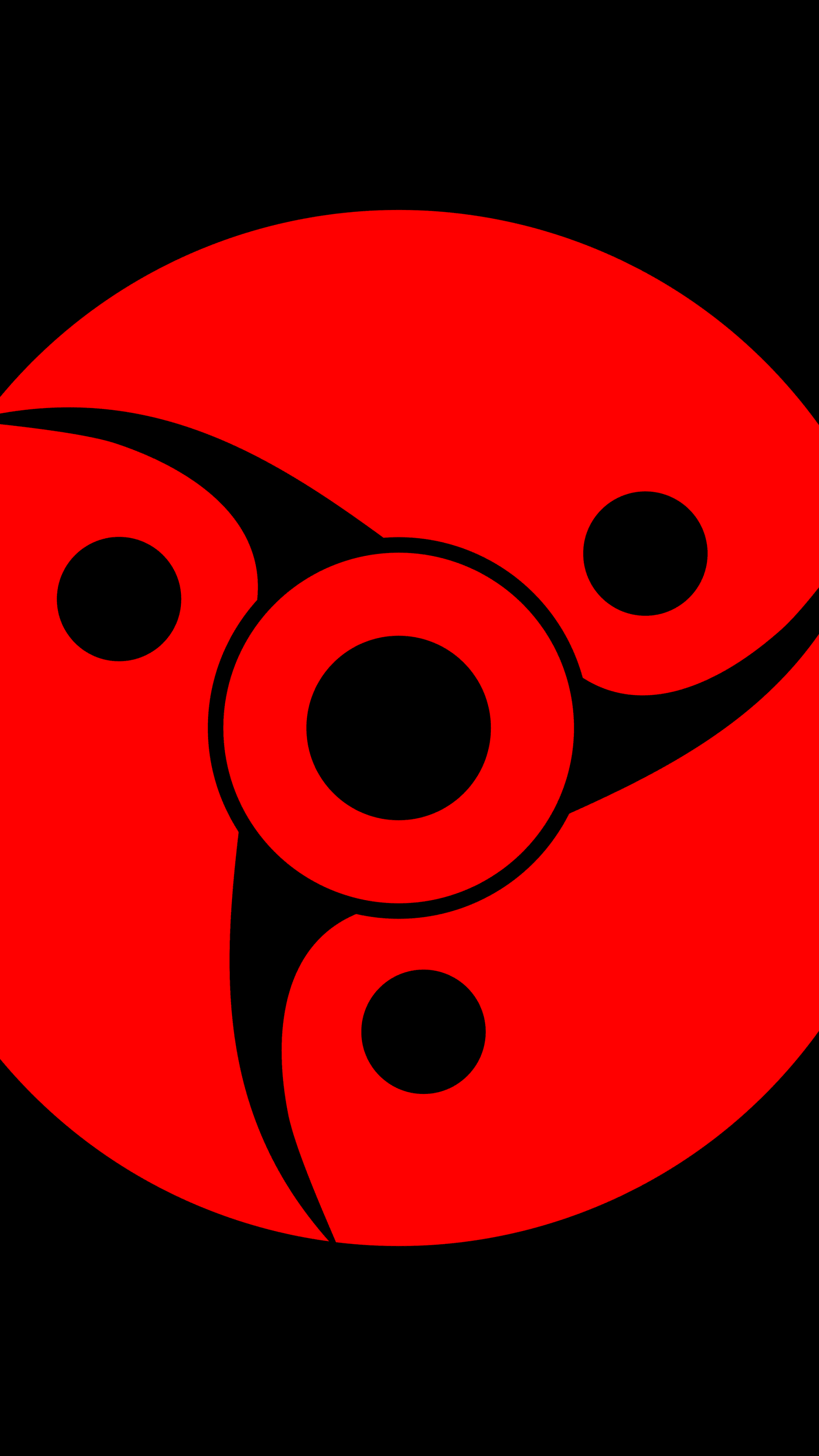 This image features a high-contrast, minimalist graphic of the Mangekyou Sharingan, specifically the pattern associated with the character Itachi Uchiha from the Naruto franchise. The central subject is a large red iris containing three curved, blade-like black tomoe shapes that swirl around a central black pupil. The design is perfectly symmetrical and centered against a solid black background, creating a striking visual impact. The artistic technique utilizes clean vector lines and flat, saturated colors without any shading or gradients. The overall atmosphere is intense, mysterious, and iconic, reflecting the supernatural power it represents in its source material. This digital illustration serves as a bold, symbolic representation suitable for a mobile wallpaper.