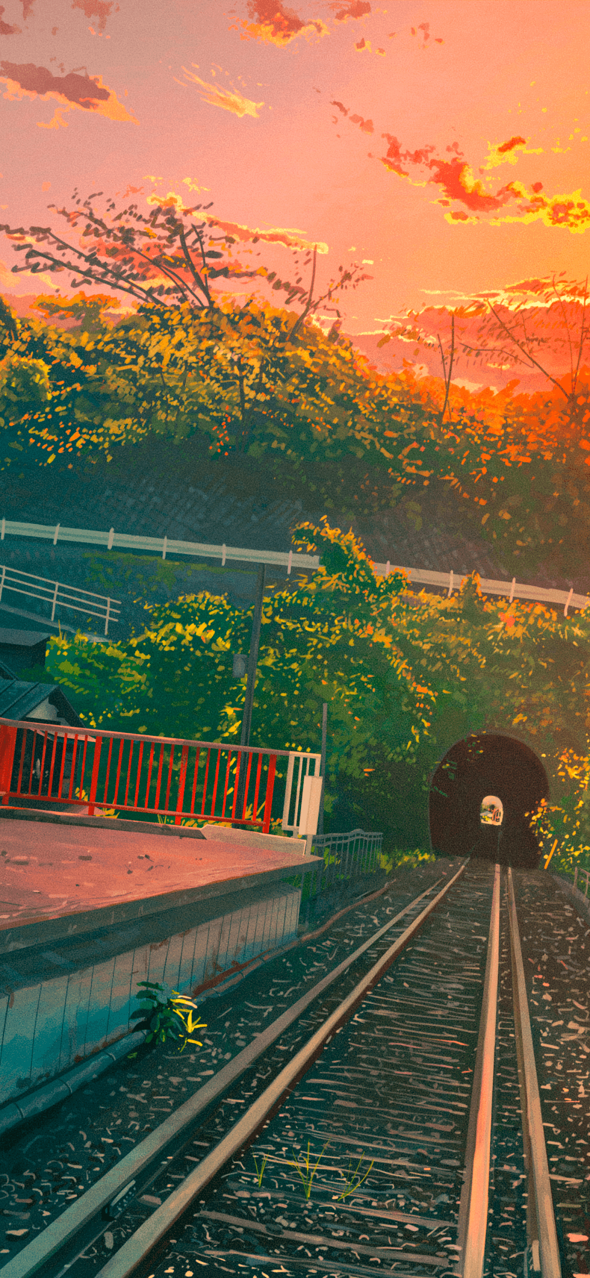 This scenic illustration depicts a quiet railway track leading into a dark tunnel nestled within a lush, forested hillside. The environment is bathed in the warm, golden glow of a setting sun, which illuminates the dense green foliage and the orange-tinted clouds above. A small station platform with a red railing sits to the left, showing signs of gentle wear and natural integration with the surrounding greenery. The artistic technique utilizes a painterly digital style with visible brushstrokes and a vibrant color palette that emphasizes light and shadow. The overall atmosphere is deeply peaceful and nostalgic, evoking a sense of quiet transit and the beauty of the Japanese countryside during the golden hour.
