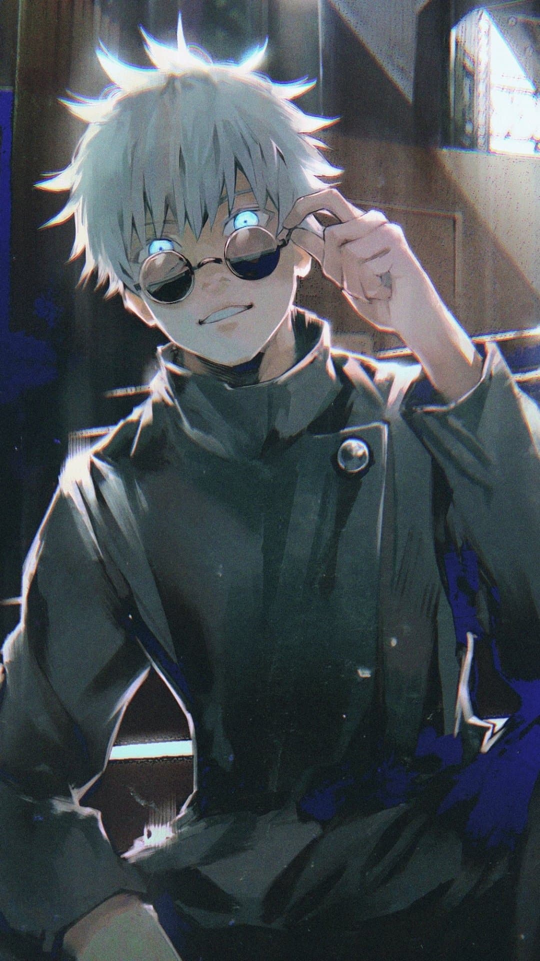 The image features a young man with spiky, snow-white hair and striking, glowing blue eyes. He is dressed in a high-collared, dark navy or black jujutsu high school uniform that provides full coverage, accented by a single silver button. The character is captured in a playful yet confident pose, tilting his small, round dark sunglasses downward to reveal his luminous gaze. The setting appears to be a dimly lit indoor environment, possibly a hallway or classroom, with light filtering in from the side to create a dramatic contrast. The art style utilizes a painterly digital technique with visible texture and soft light blooms, particularly around the hair and eyes. The overall mood is cool, mysterious, and charismatic, reflecting a sense of immense power hidden behind a casual demeanor.