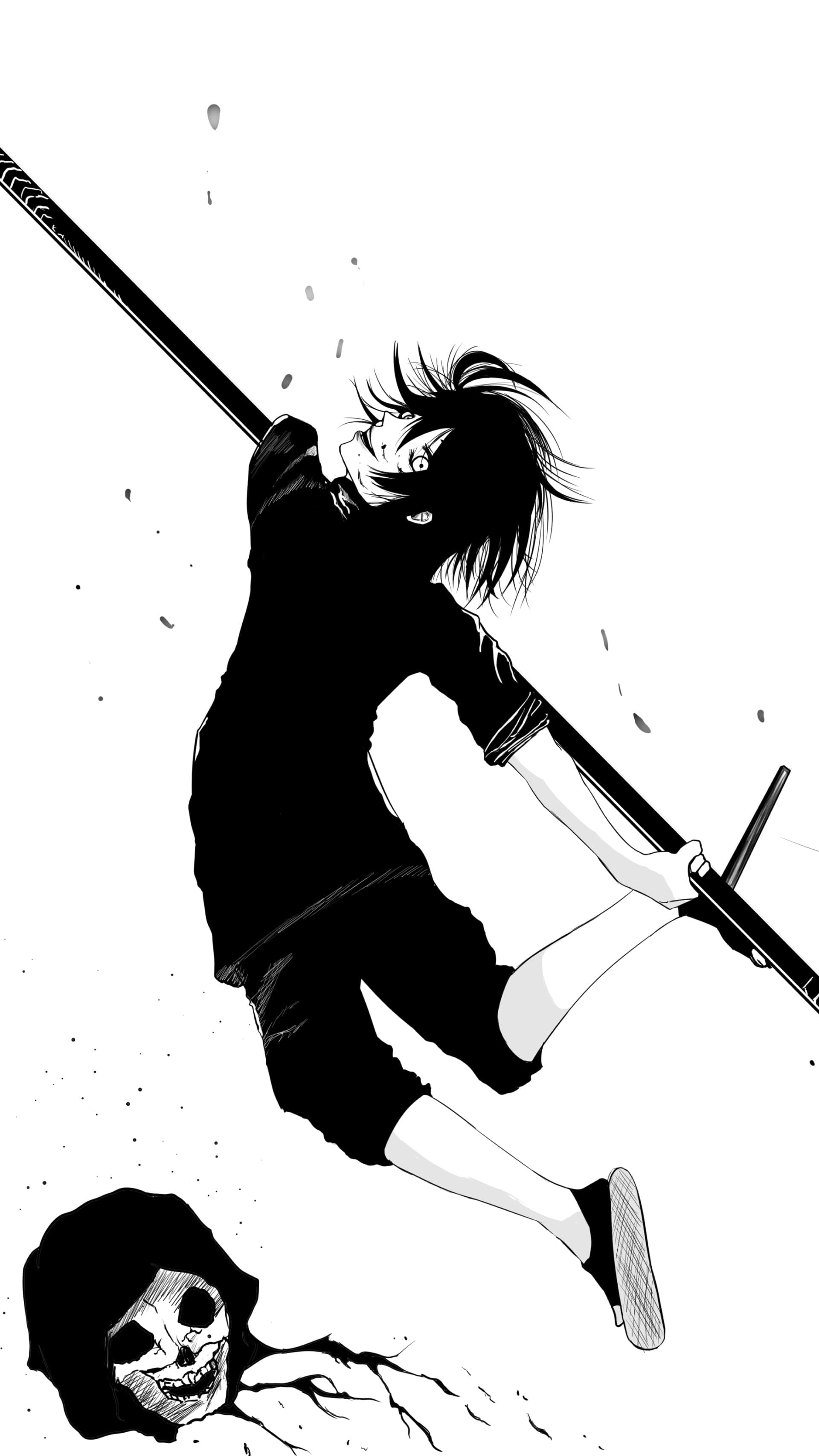 The image features a young male character with messy black hair, dressed in a high-collared black tunic and matching trousers, leaping through a void. He is depicted in a dynamic mid-air pose, holding a long, dark staff or polearm diagonally across the frame. Below him, a stylized skull with a dark hood emerges from the bottom left corner, suggesting a dark or supernatural theme. The artwork utilizes a stark high-contrast black and white manga style, with heavy ink blacks and a pure white background. The overall atmosphere is intense and energetic, capturing a moment of supernatural action or combat with a slightly macabre aesthetic.