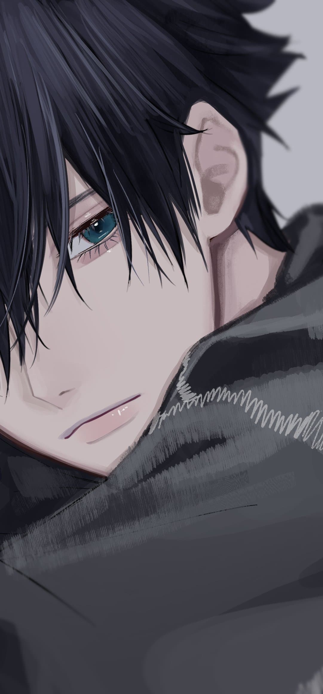 This digital illustration features a close-up portrait of a young male character with striking dark, spiky hair and deep teal eyes. He is dressed in a heavy, dark grey or black high-collared garment, possibly a hoodie or winter coat, which covers his neck and shoulders completely. The character is depicted in a contemplative, slightly downward-looking pose, conveying a sense of quiet introspection. The background is a minimalist, neutral grey, which serves to emphasize the sharp details of the character's facial features and hair. The artistic technique utilizes clean line work combined with soft, painterly shading on the skin and textured brushstrokes on the clothing. The overall atmosphere is calm, melancholic, and deeply peaceful, focusing on a moment of silent reflection.