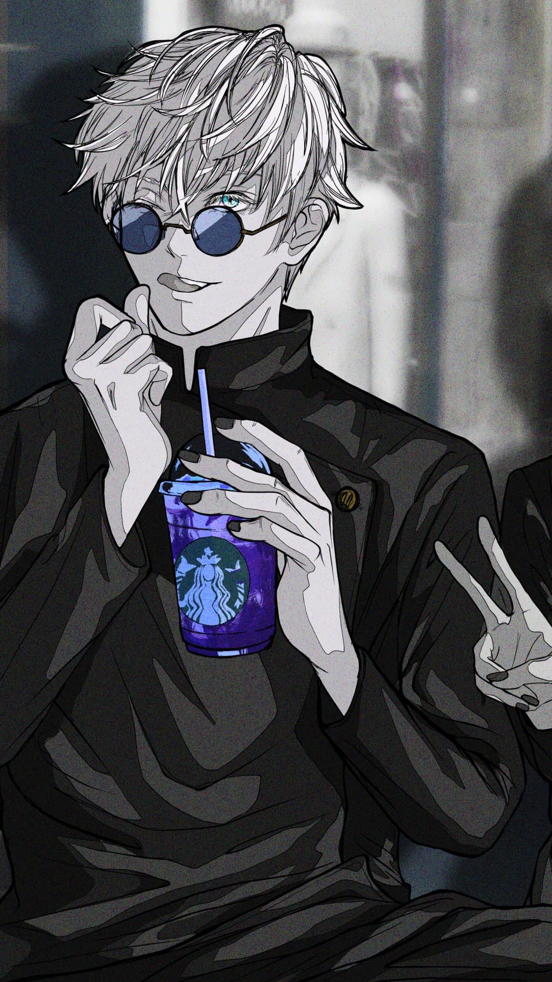 The image features a young man with spiky white hair and a single visible bright blue eye peeking over round, dark-tinted sunglasses. He is dressed in a high-collared, long-sleeved black uniform that is fully buttoned, providing complete coverage. The character is holding a purple-colored iced beverage in a plastic cup with both hands, appearing to be in a relaxed, casual pose. The background is a blurred urban setting with muted grey and blue tones, suggesting a city street or a public space. The art style utilizes sharp line work and a desaturated color palette, with the exception of the vibrant blue eye and the purple drink, creating a striking visual contrast. The overall mood is cool, modern, and slightly playful, capturing a candid moment of a popular character.