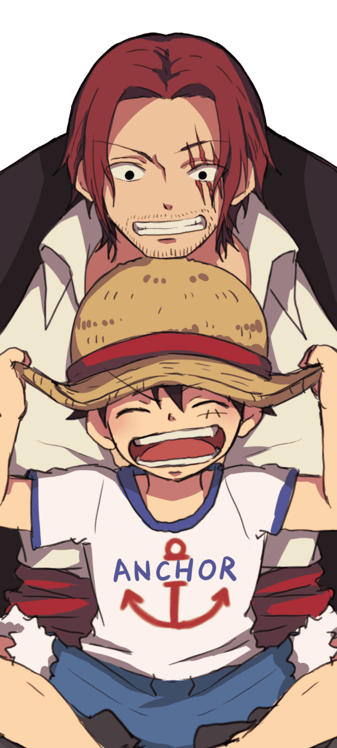 This digital illustration features two iconic characters from One Piece, Shanks and a young Monkey D. Luffy, in a heartwarming vertical composition. Shanks, a man with distinctive red hair and three scars over his left eye, wears an open-collared white shirt and a dark cloak while smiling down at the child. Luffy, depicted as a young boy, is shown with a wide, joyful expression, wearing a white t-shirt with an 'ANCHOR' graphic and blue shorts. The central action depicts Luffy holding a large straw hat over his head, a symbolic gesture of their bond. The artwork utilizes clean line work and vibrant cel-shading against a minimalist white background, focusing all attention on the characters. The overall atmosphere is nostalgic, peaceful, and filled with a sense of mentorship and happiness.
